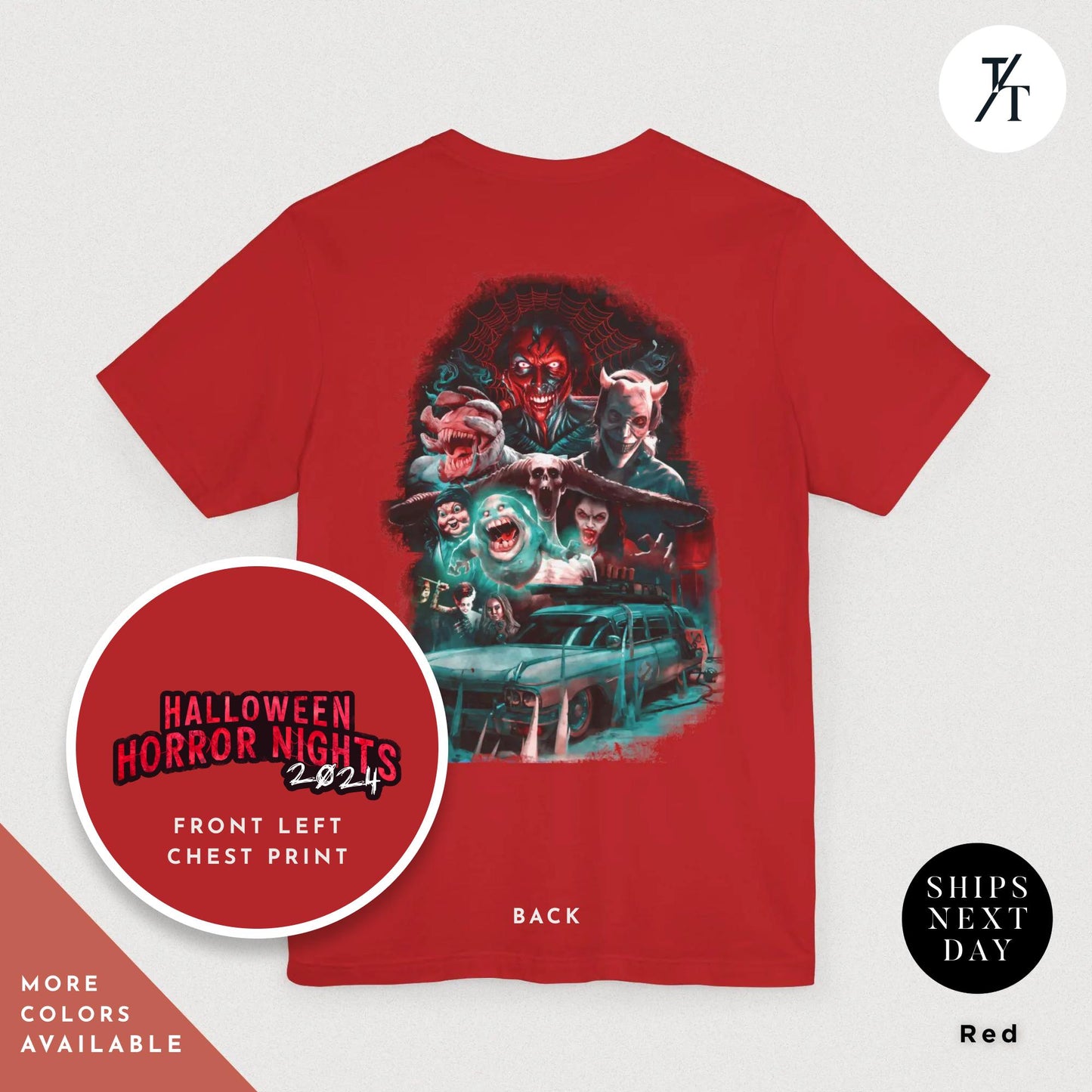 a red t - shirt with a picture of a group of zombies on it, Halloween Horror Nights 2024 T-Shirt, Horror Nights Shirt 2024, Universal Studios HHN Vintage Halloween Gift Universal Orlando Michael Myers