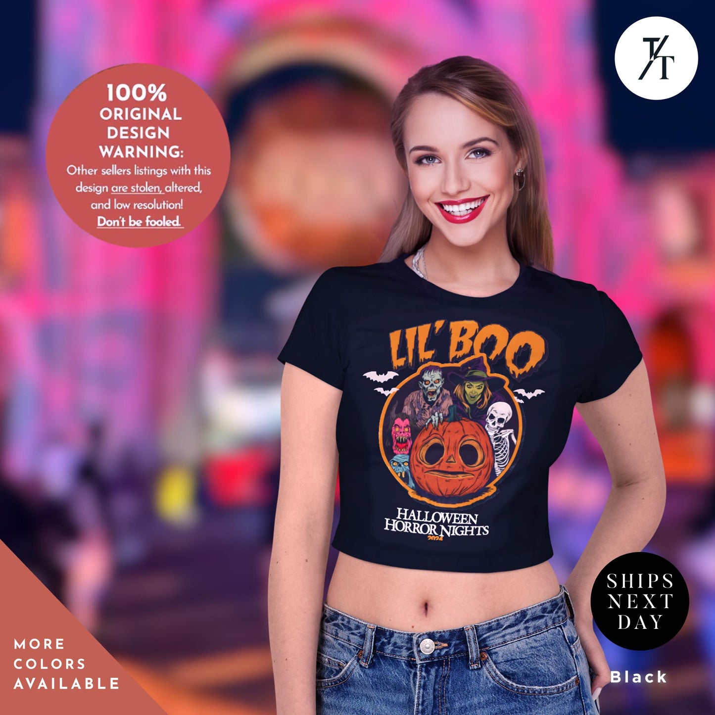 a woman wearing a black shirt with a pumpkin on it, Halloween Horror Nights Crop Top Lil Boo HHN rib baby tee, HHN Crop Top, 2024 horror nights Baby Tee, hhn Halloween, Universal Orlando tee