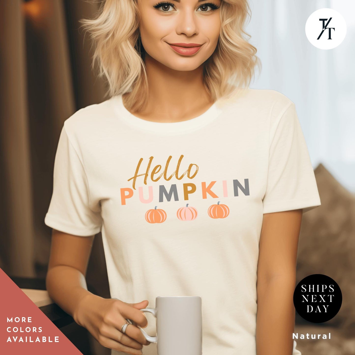 a woman is holding a coffee mug and smiling, Hello Fall Shirt Pumpkin, Hello Pumpkin Patch Shirt, Girly Halloween Tee, Cute Fall Shirt, Spooky Season Gift, Retro Autumn thanksgiving tee