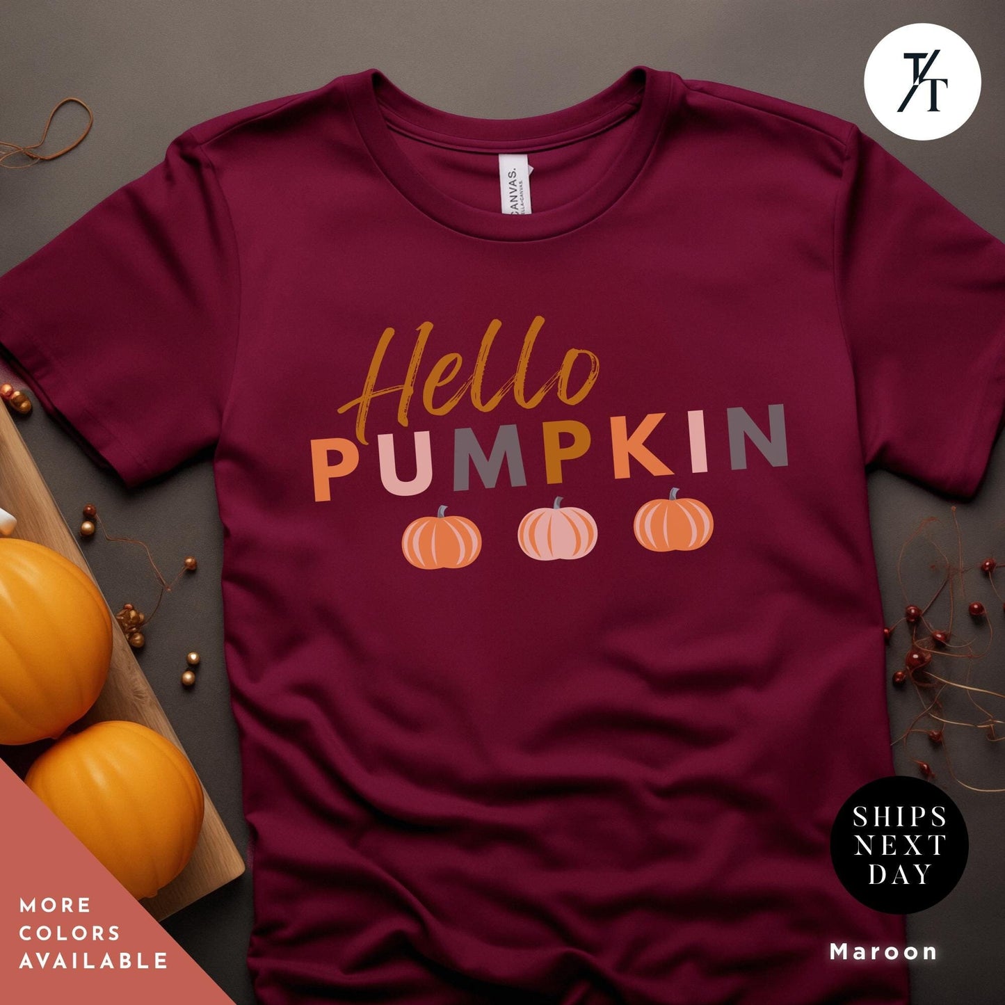 a t - shirt with the words hello pumpkin on it, Hello Fall Shirt Pumpkin, Hello Pumpkin Patch Shirt, Girly Halloween Tee, Cute Fall Shirt, Spooky Season Gift, Retro Autumn thanksgiving tee