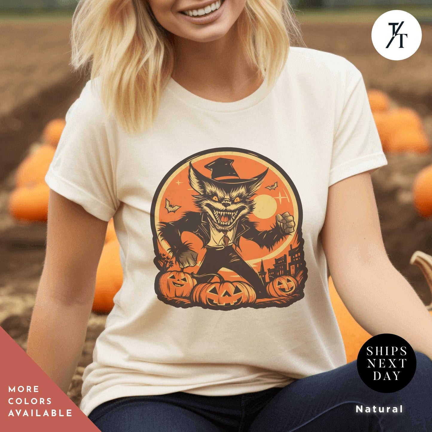 a woman wearing a t - shirt with a picture of a werewolf on it, Trendy shirt werewolf retro Halloween wolf shirt, Vintage Halloween Tee, Scary Werewolf Monster Tshirt, Halloween Crewneck Gift For Him