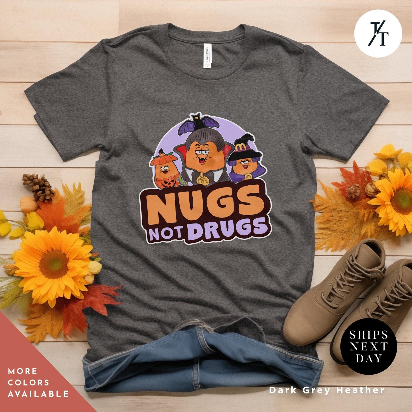 a t - shirt with the words nugs not drugs on it, Retro Halloween Chicken Nuggets Shirt, Spooky Nuggets Tee, McDonald's Halloween, Funny Fall Gift, Vintage Spooky Season Shirt chicken nugget