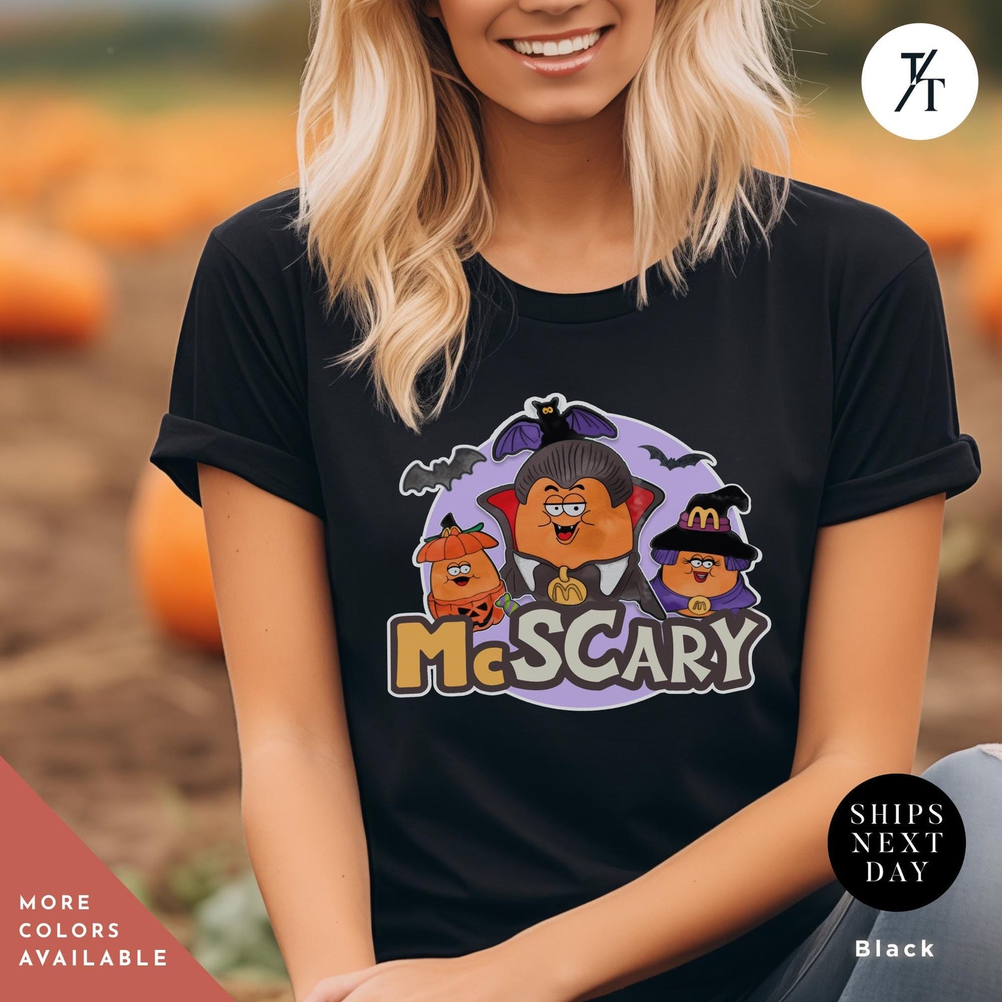a woman wearing a black t - shirt with an image of a chicken nuggets on it, Retro Halloween Spooky Nuggets Shirt, McDonalds Chicken Nugget Tee, Bucket Shirt, Funny Vintage Halloween Gift, Cute Spooky Season Top