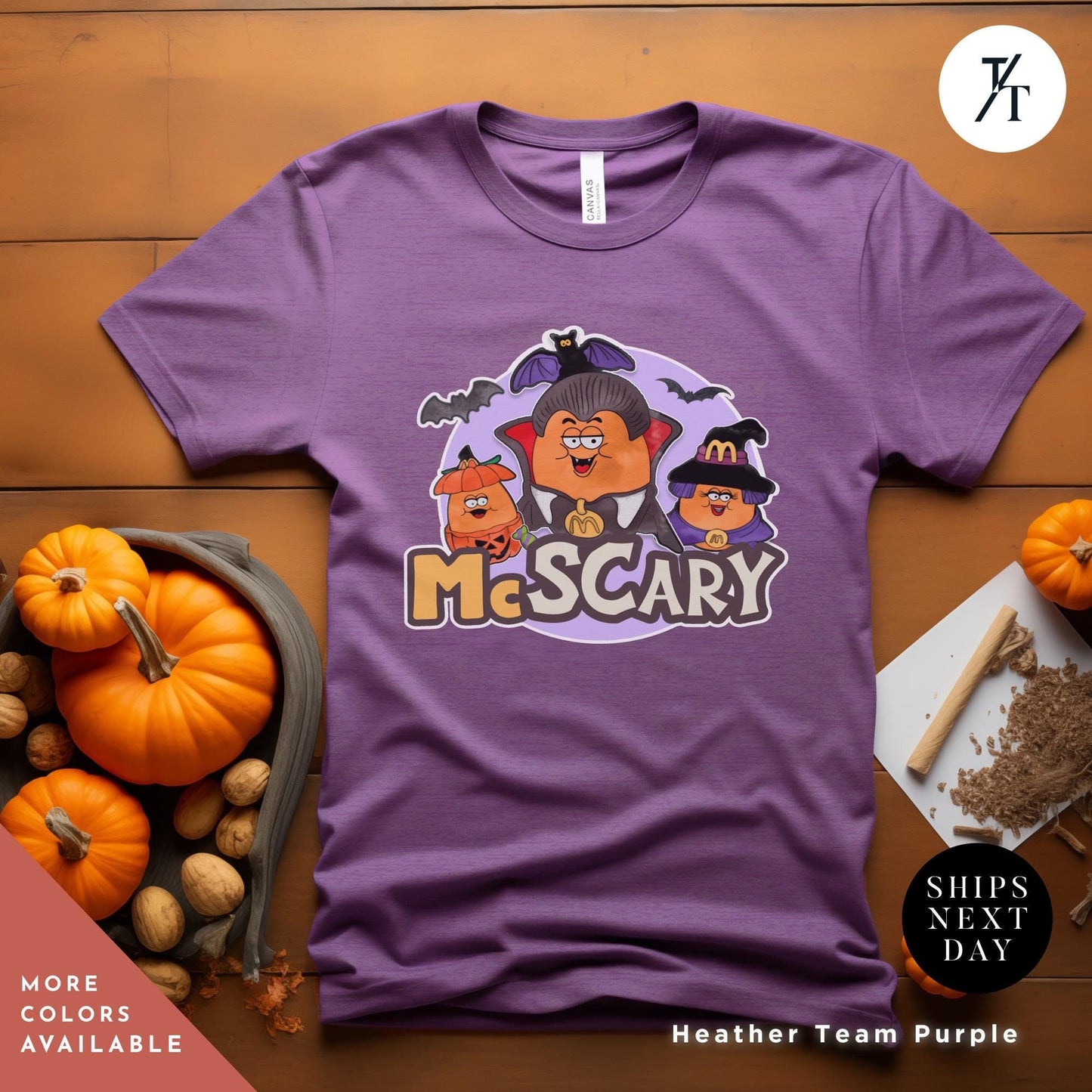 a purple t - shirt with a picture of three chicken nuggets on it, Retro Halloween Spooky Nuggets Shirt, McDonalds Chicken Nugget Tee, Bucket Shirt, Funny Vintage Halloween Gift, Cute Spooky Season Top