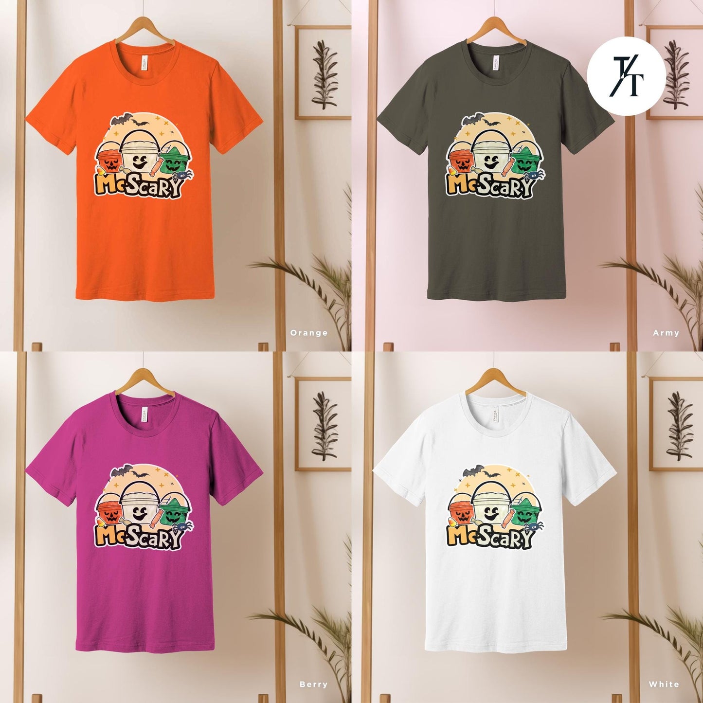 four t - shirts hanging on a wooden rack, Retro Halloween Bucket, Boo Bucket Shirt, McDonalds Halloween Tee, Funny Spooky Season, Vintage Ghost Witch Pumpkin chicken nuggets shirt