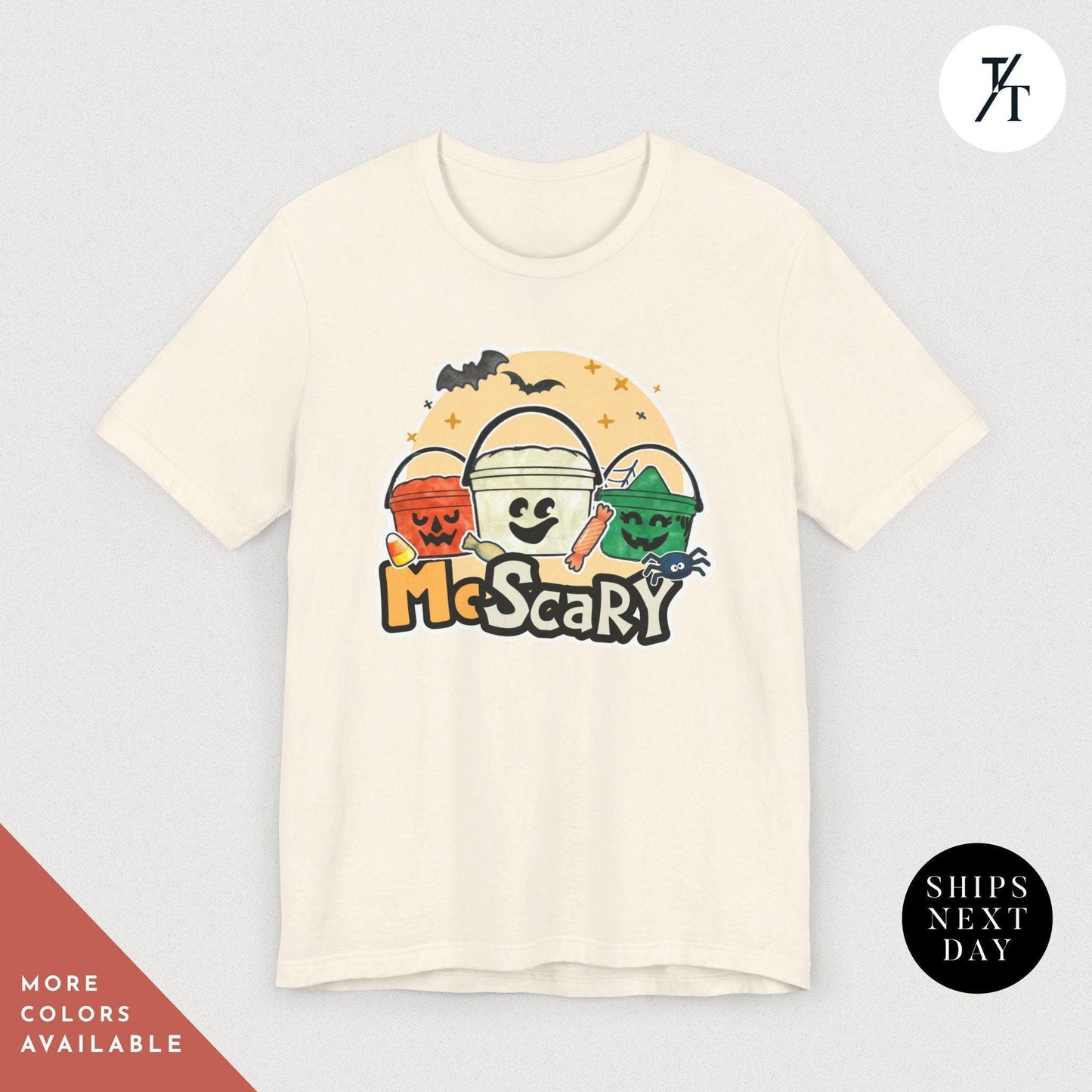 a t - shirt with the words mc scary on it, Retro Halloween Bucket, Boo Bucket Shirt, McDonalds Halloween Tee, Funny Spooky Season, Vintage Ghost Witch Pumpkin chicken nuggets shirt