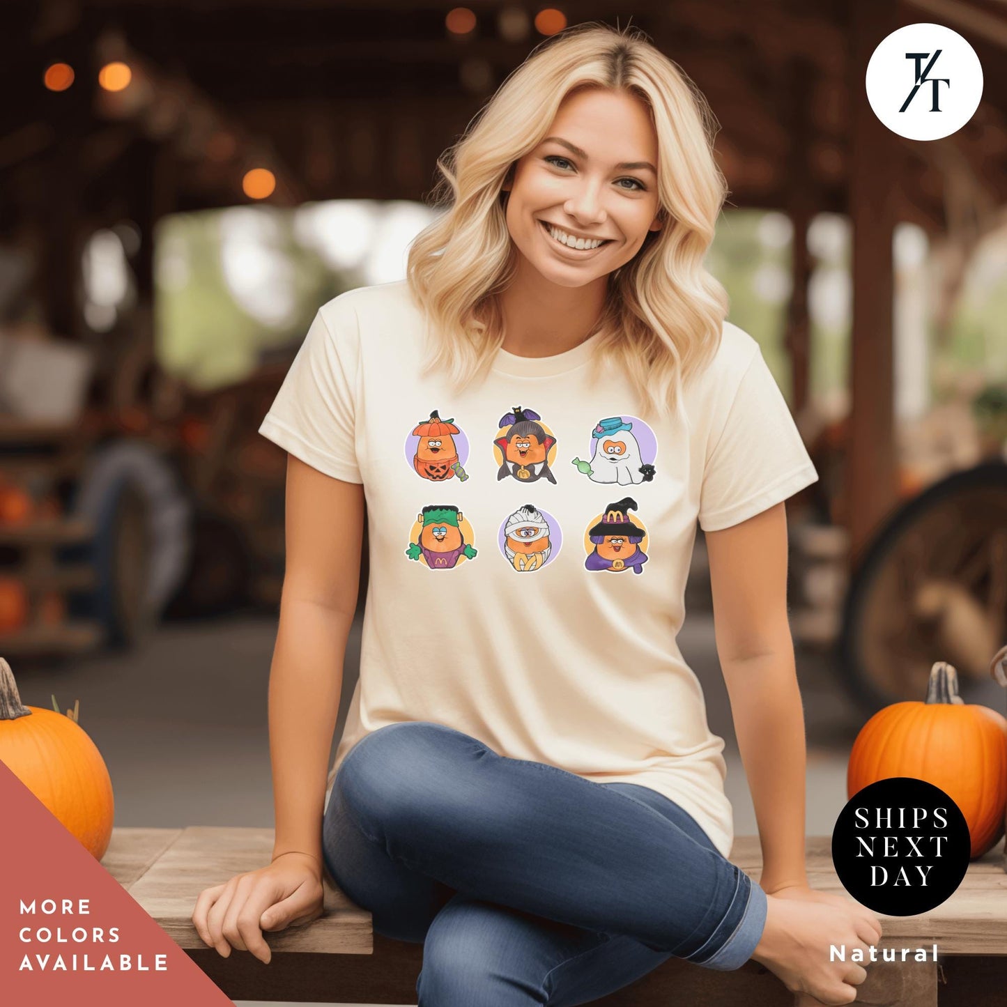 a woman sitting on a bench with pumpkins, Halloween Nuggets Shirt, Retro Halloween Tee, Vintage Scary Chicken Nugget Lover Gift, 80s Kids Throwback, Spooky Season Shirt