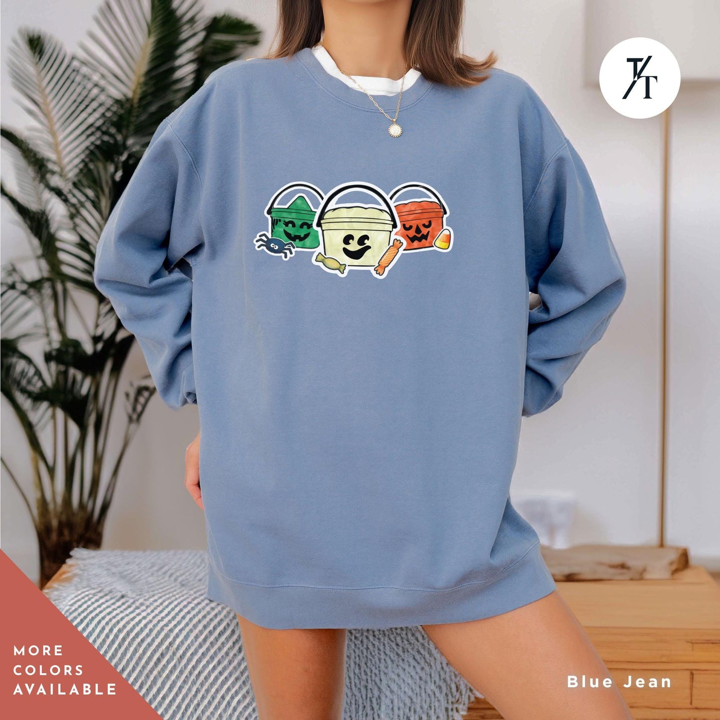 a woman wearing a blue sweatshirt dress with three bears on it, Comfort colors halloween boo bucket sweatshirt, Boo Bucket Shirt, Mcdonalds Halloween Sweatshirt, Retro 90S Crewneck sweater 90S Ghoul