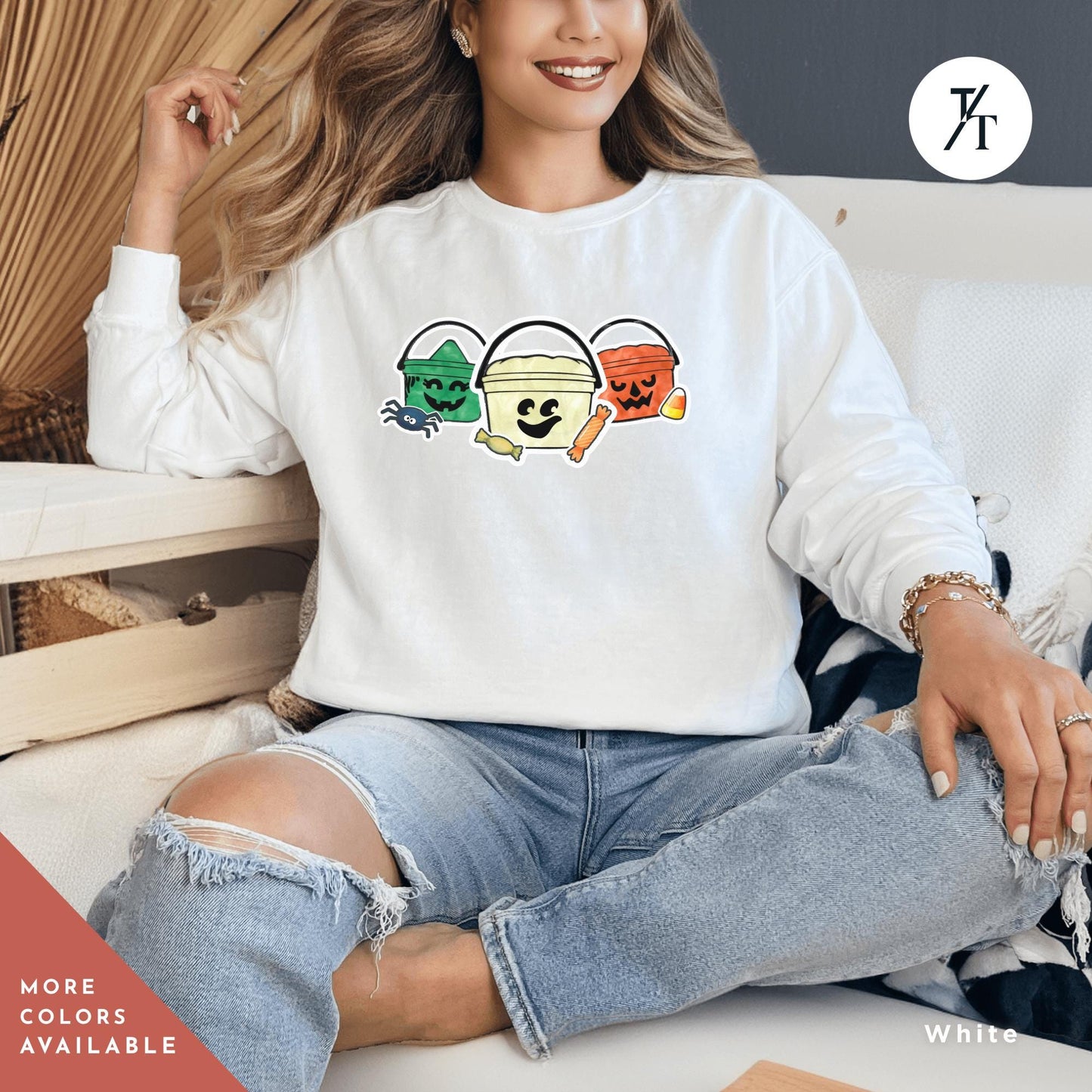 a woman sitting on a couch wearing a white shirt with three faces on itm Comfort colors halloween boo bucket sweatshirt, Boo Bucket Shirt, Mcdonalds Halloween Sweatshirt, Retro 90S Crewneck sweater 90S Ghoul