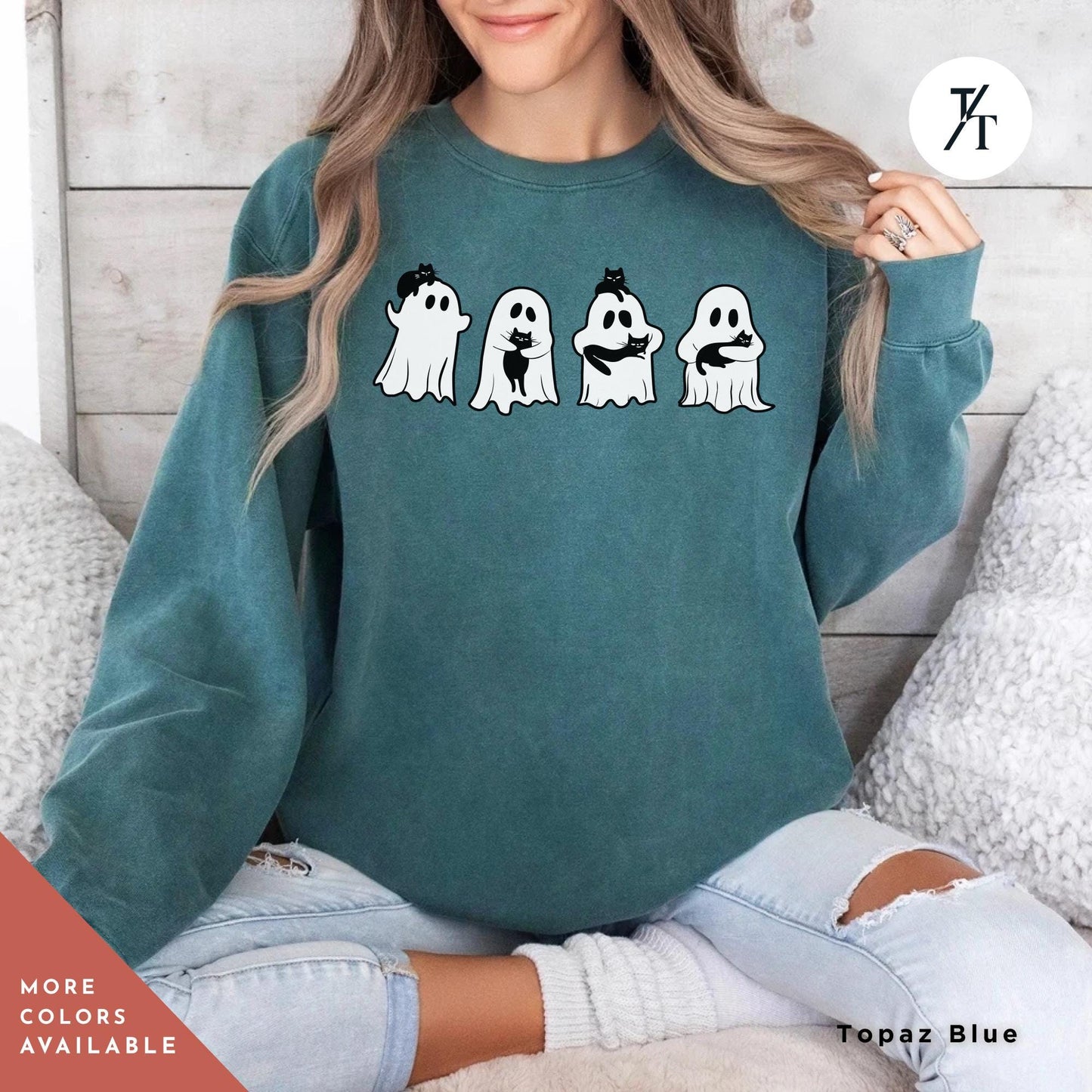 Cool halloween cat sweatshirt, Halloween Sweatshirt, Black Cat Shirt, Ghosts Holding Black Cats retro Spooky Season Shirt Fall sweater