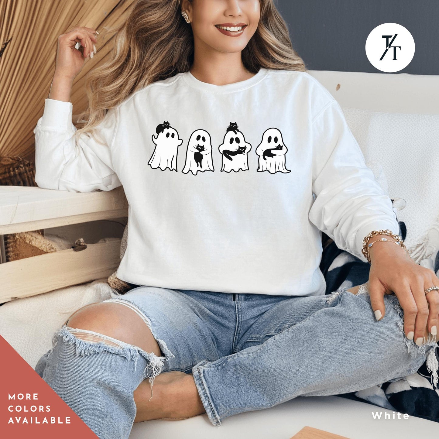 Cool halloween cat sweatshirt, Halloween Sweatshirt, Black Cat Shirt, Ghosts Holding Black Cats retro Spooky Season Shirt Fall sweater