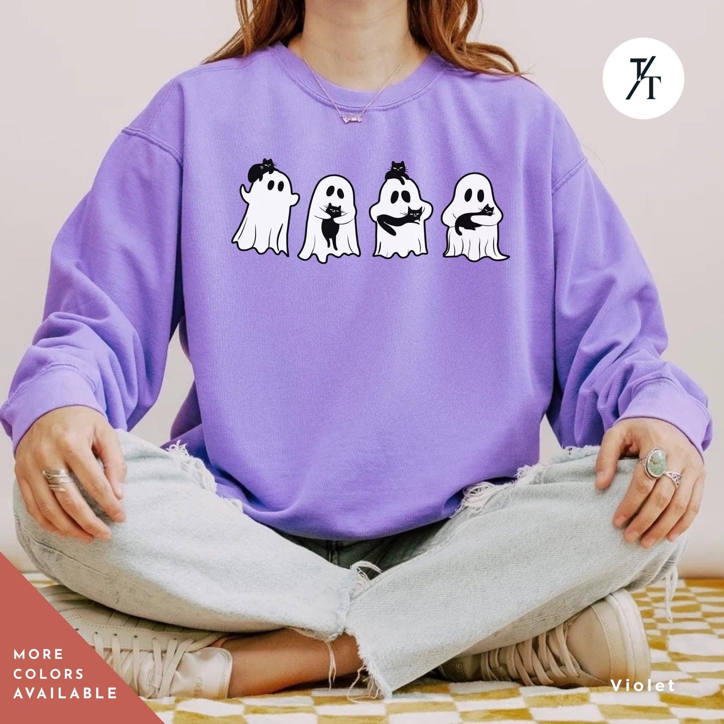 Cool halloween cat sweatshirt, Halloween Sweatshirt, Black Cat Shirt, Ghosts Holding Black Cats retro Spooky Season Shirt Fall sweater