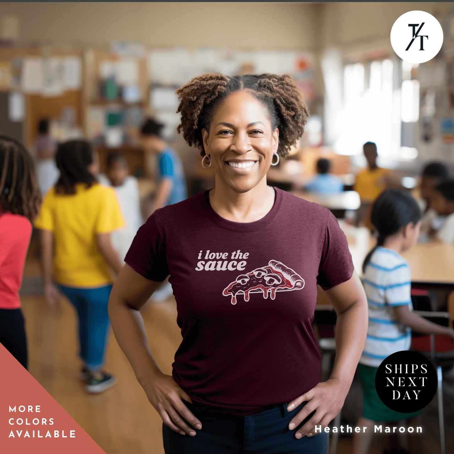 a woman standing in a classroom with her hands on her hips