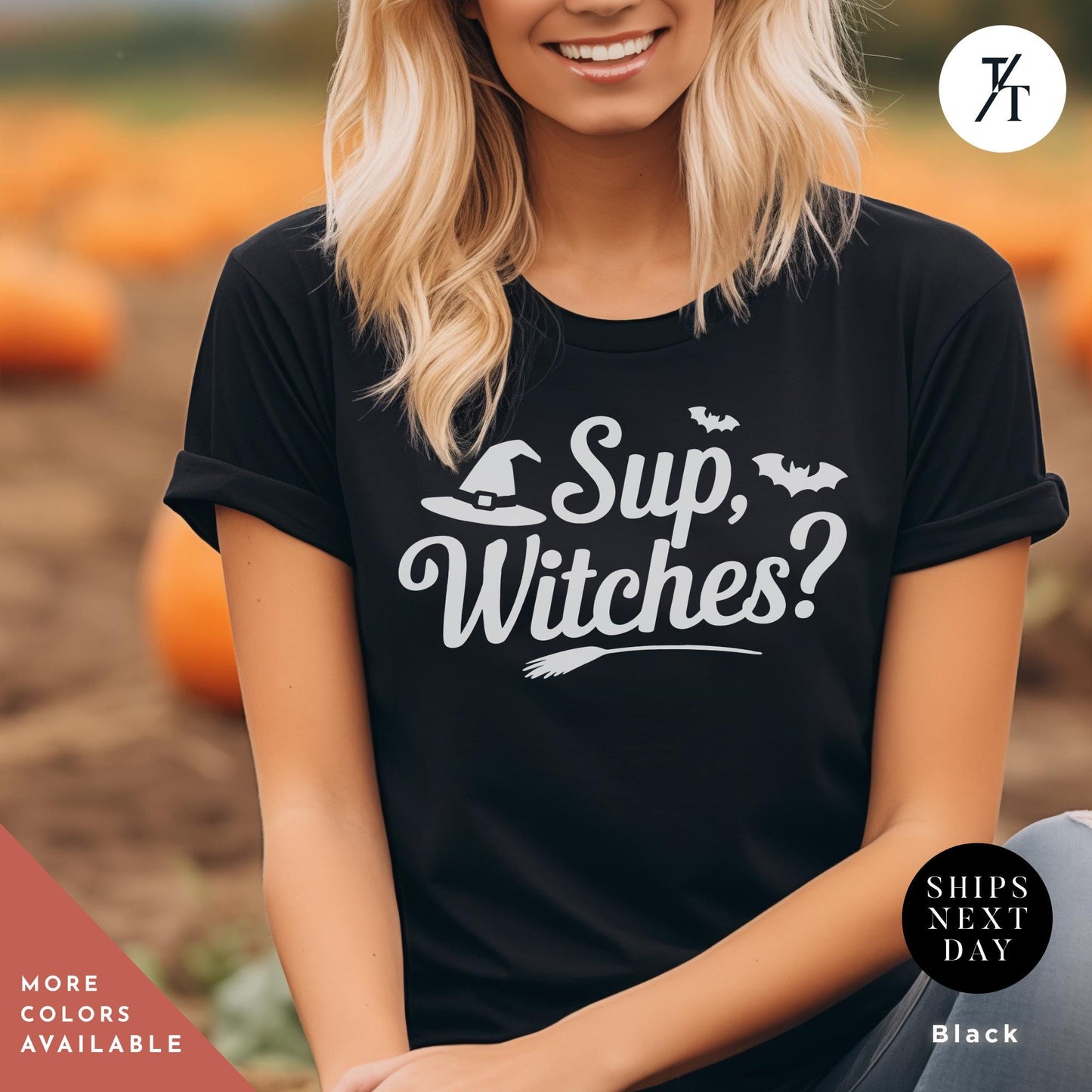 a woman wearing a black shirt with the words sup witches on it, Sup Witches Shirt, whats up witches, Funny Witch Shirt, Funny Halloween Tee, Halloween Tshirt, Spooky Season Funny Witch Quote