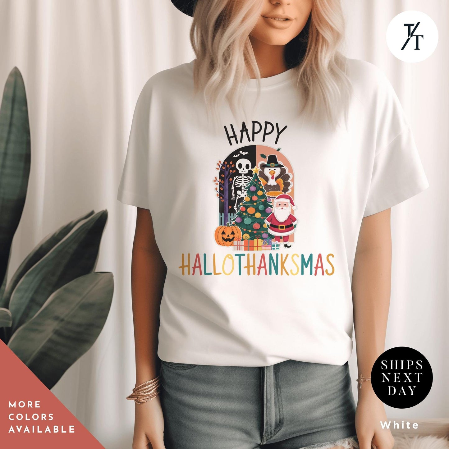 happy hallothanksmas shirt holiday season shirt happy halloween thanksgiving christmas shirts funny halloween gift, fall shirts autumn tee
