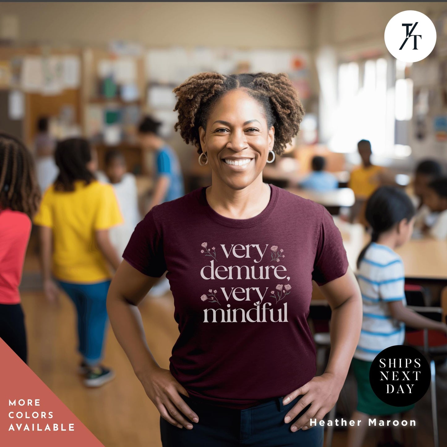 a woman standing in a classroom with her hands on her hips