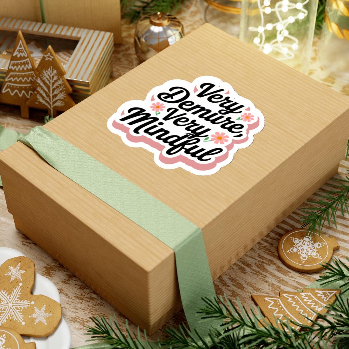a box with a sticker on it sitting on a table Very Demure Sticker, Very Demure Very Mindful TikTok Sticker Trendy Kindle Laptop Stickers Water bottle Vinyl Viral Meme Waterproof Decal