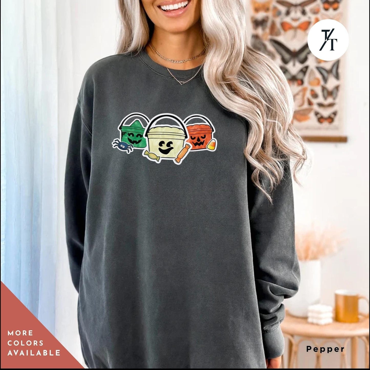 a woman wearing a grey sweatshirt with two cats on itm Comfort colors halloween boo bucket sweatshirt, Boo Bucket Shirt, Mcdonalds Halloween Sweatshirt, Retro 90S Crewneck sweater 90S Ghoul