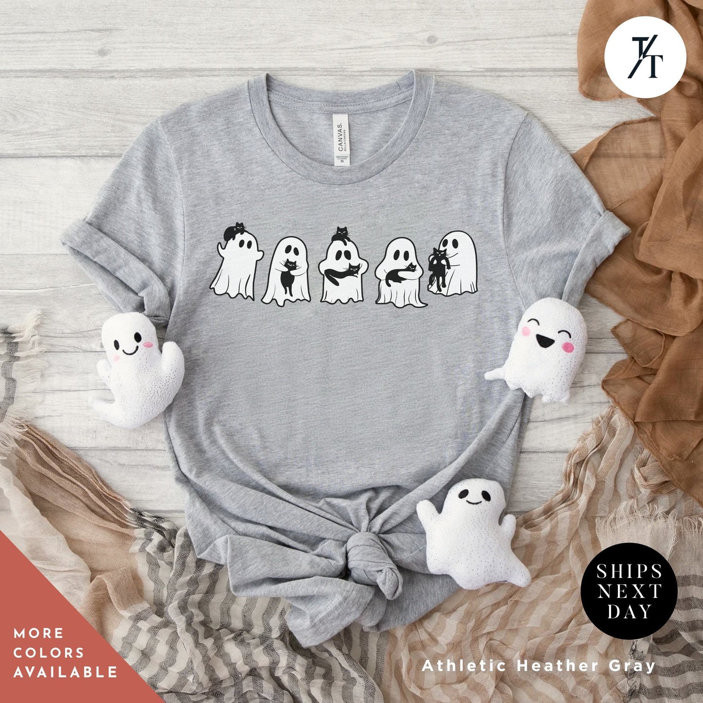 a gray shirt with ghost faces on it, Ghost Holding Black Cat Shirt, Ghost Cat Shirt, Halloween Gift, Halloween Ghosts, Cute Ghosts Shirts, Spooky Season Shirts, Cats Lover tees
