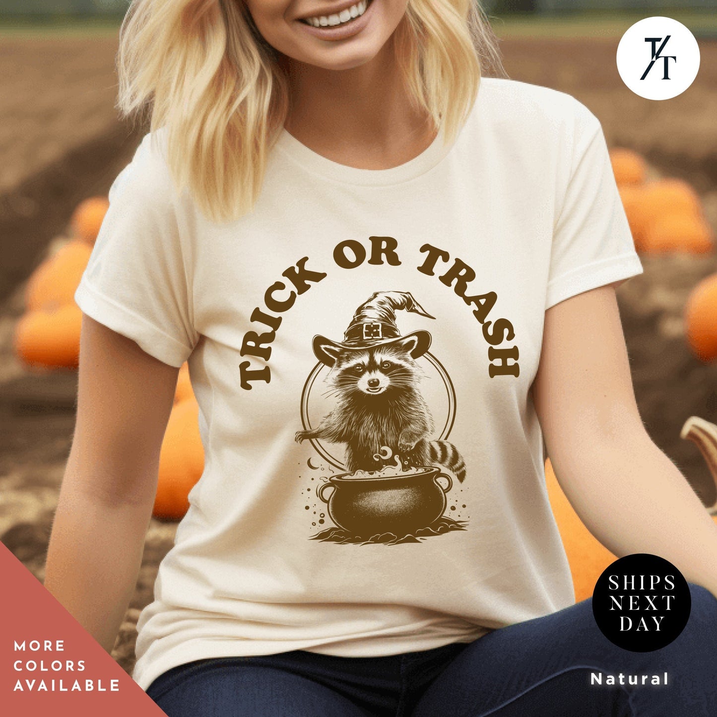 a woman wearing a t - shirt that says trick or trash, Trick or Trash Shirt, Raccoon Halloween, Funny Raccoon Shirt, Spooky Season, Funny Feral Girl Halloween Party, Trick Or Treat Trash Panda
