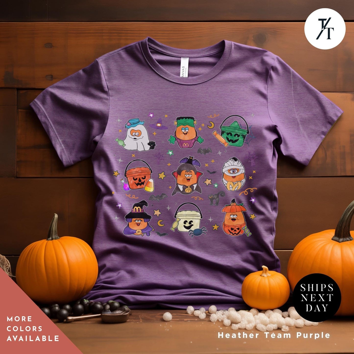 a purple shirt with a bunch of halloween characters on it, Halloween Nuggets Shirt, Retro Halloween Tee, Vintage Scary Halloween, Chicken Nugget Lover Gift, 80s Kids Throwback, Spooky Season Shirt