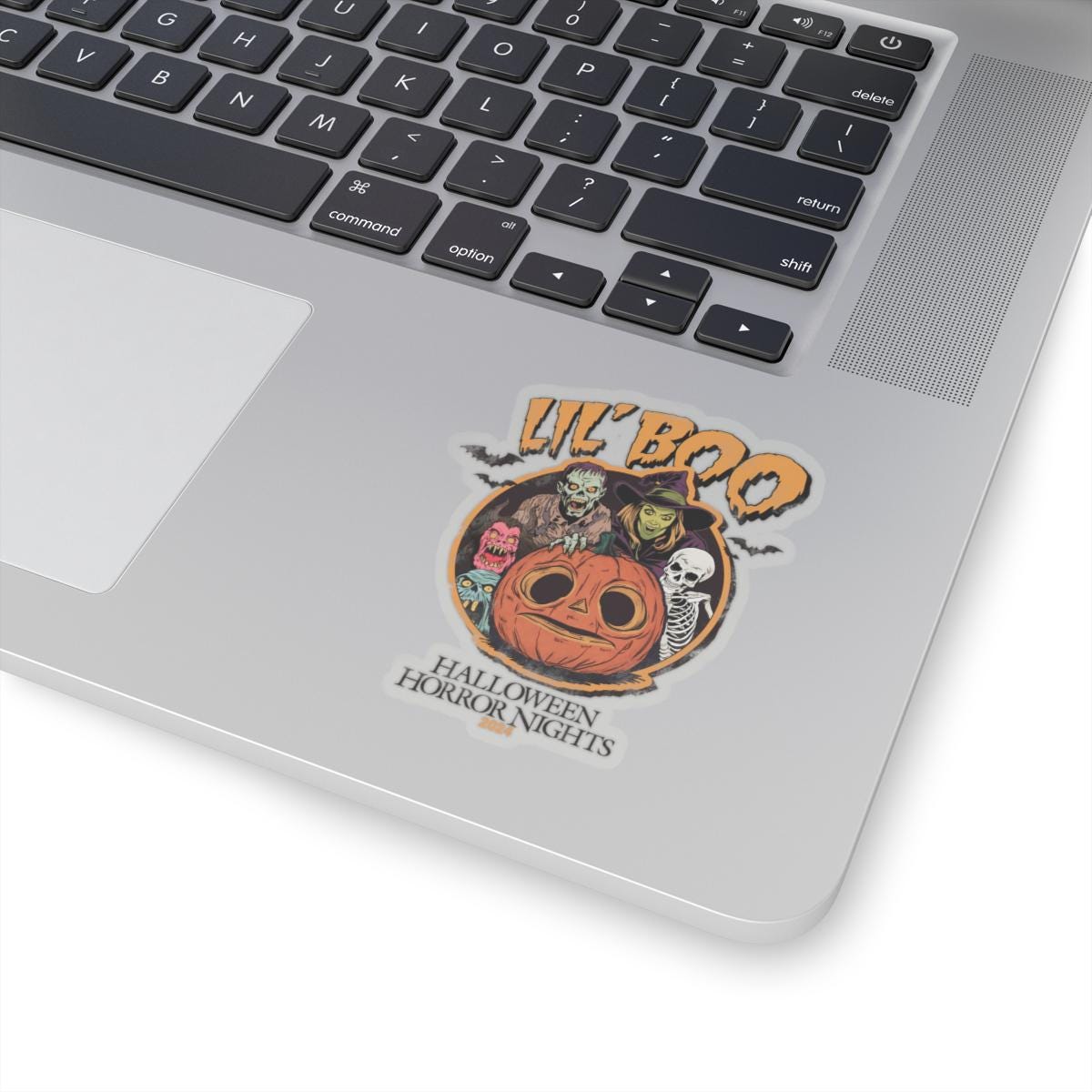 a laptop computer with a sticker on it, Halloween horror nights sticker Hhn Jack Decal Lil Boo Sticker, Halloween Horror Nights Uoap Decals, Universal Stickers, Universal Studios