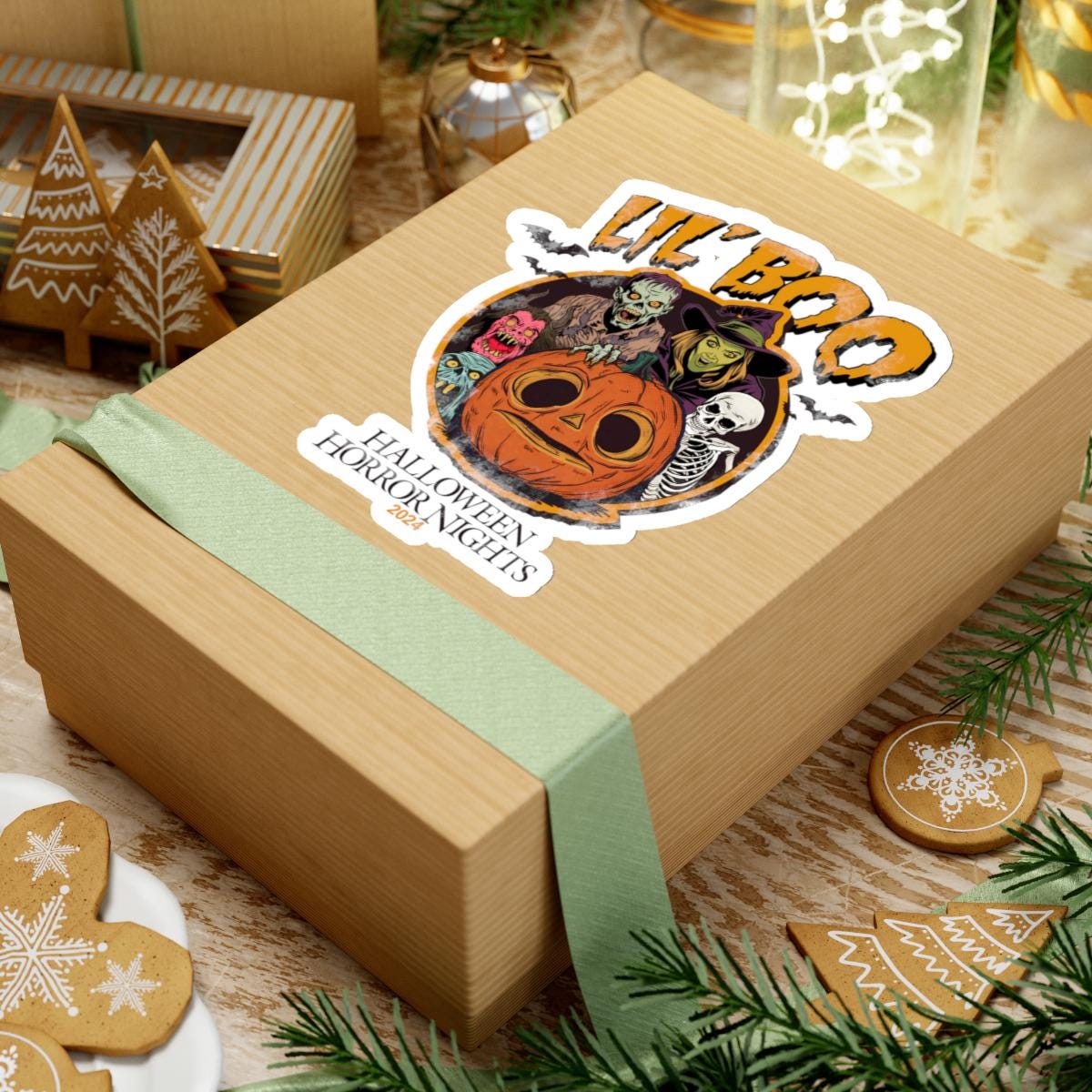 a box with a sticker on it sitting on a table, Halloween horror nights sticker Hhn Jack Decal Lil Boo Sticker, Halloween Horror Nights Uoap Decals, Universal Stickers, Universal Studios