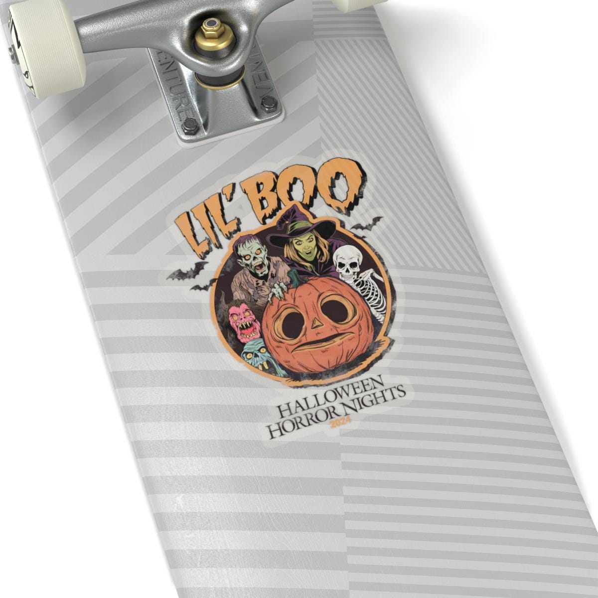 a close up of a skateboard with a sticker on it, Halloween horror nights sticker Hhn Jack Decal Lil Boo Sticker, Halloween Horror Nights Uoap Decals, Universal Stickers, Universal Studios