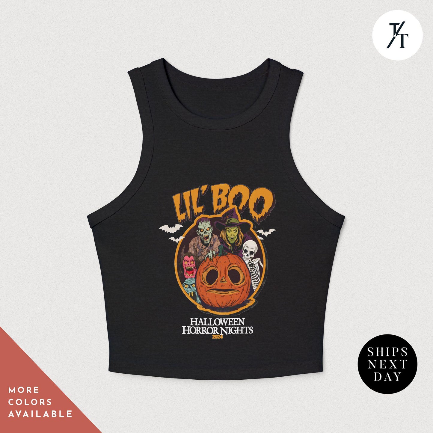 a black tank top with a picture of a pumpkin on it, Halloween Horror Nights Crop Lil Boo HHN baby tee, hhn crop tank, rib Universal Scary night, Spooky Halloween Party Tshirt, horror nig
