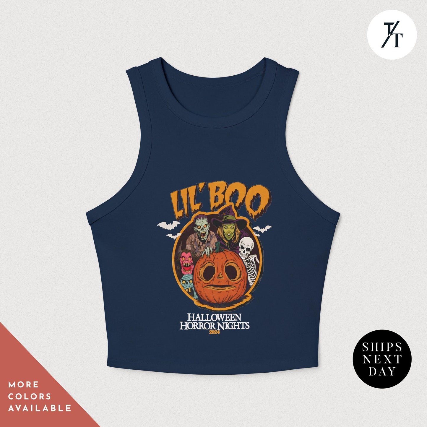 a tank top with a picture of a pumpkin and a skeleton on it, Halloween Horror Nights Crop Lil Boo HHN baby tee, hhn crop tank, rib Universal Scary night, Spooky Halloween Party Tshirt, horror nig