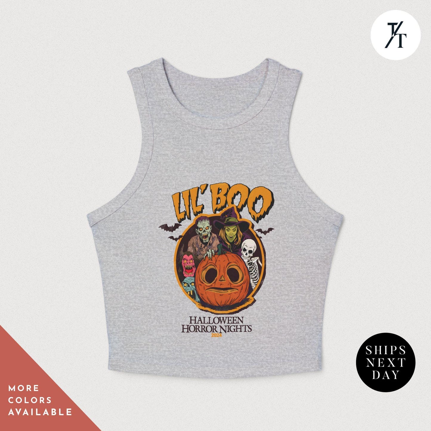 a tank top with a picture of a pumpkin on it, Halloween Horror Nights Crop Lil Boo HHN baby tee, hhn crop tank, rib Universal Scary night, Spooky Halloween Party Tshirt, horror nig