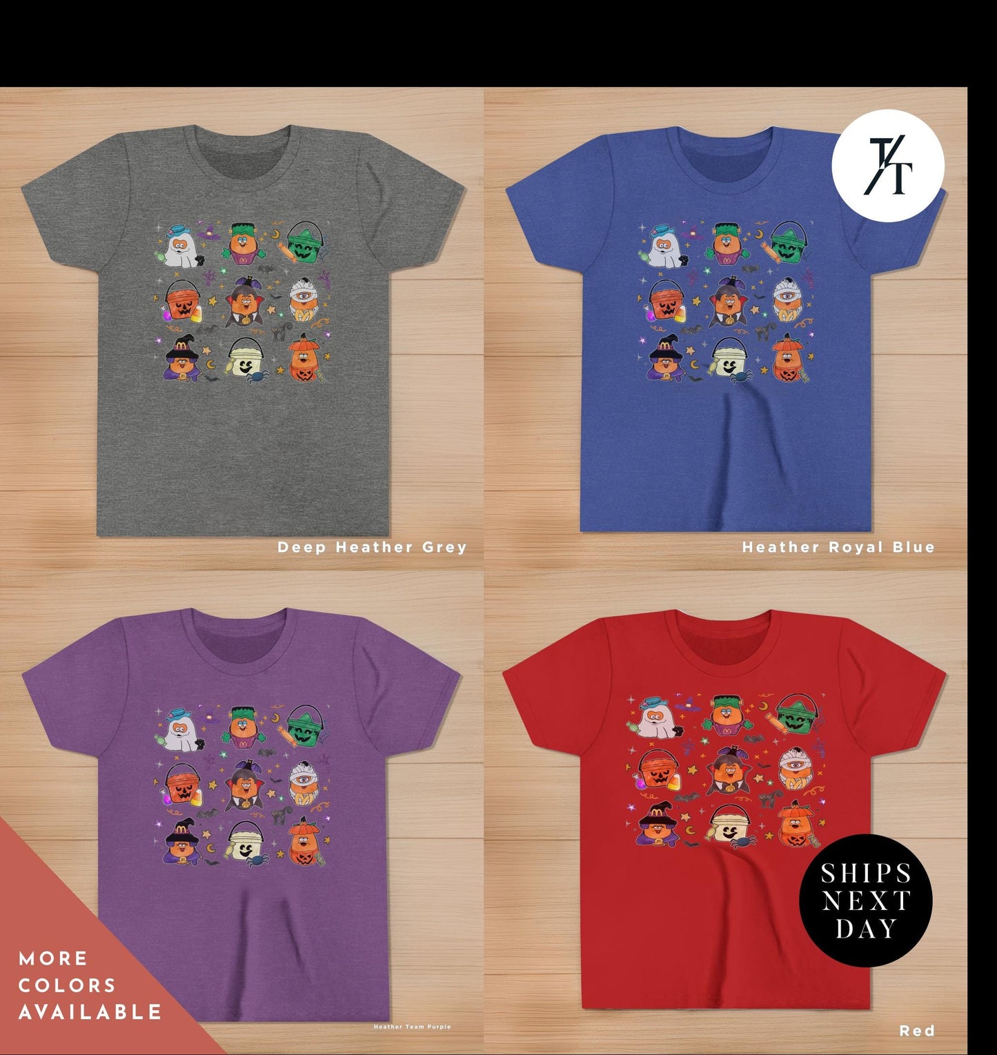 four t - shirts with different characters on them Cute halloween shirts for kids, Chicken Nugget Shirt Kids Halloween Shirt, Trendy Retro Boho Funny Vintage Nugget Lover Boys and Girls Tee