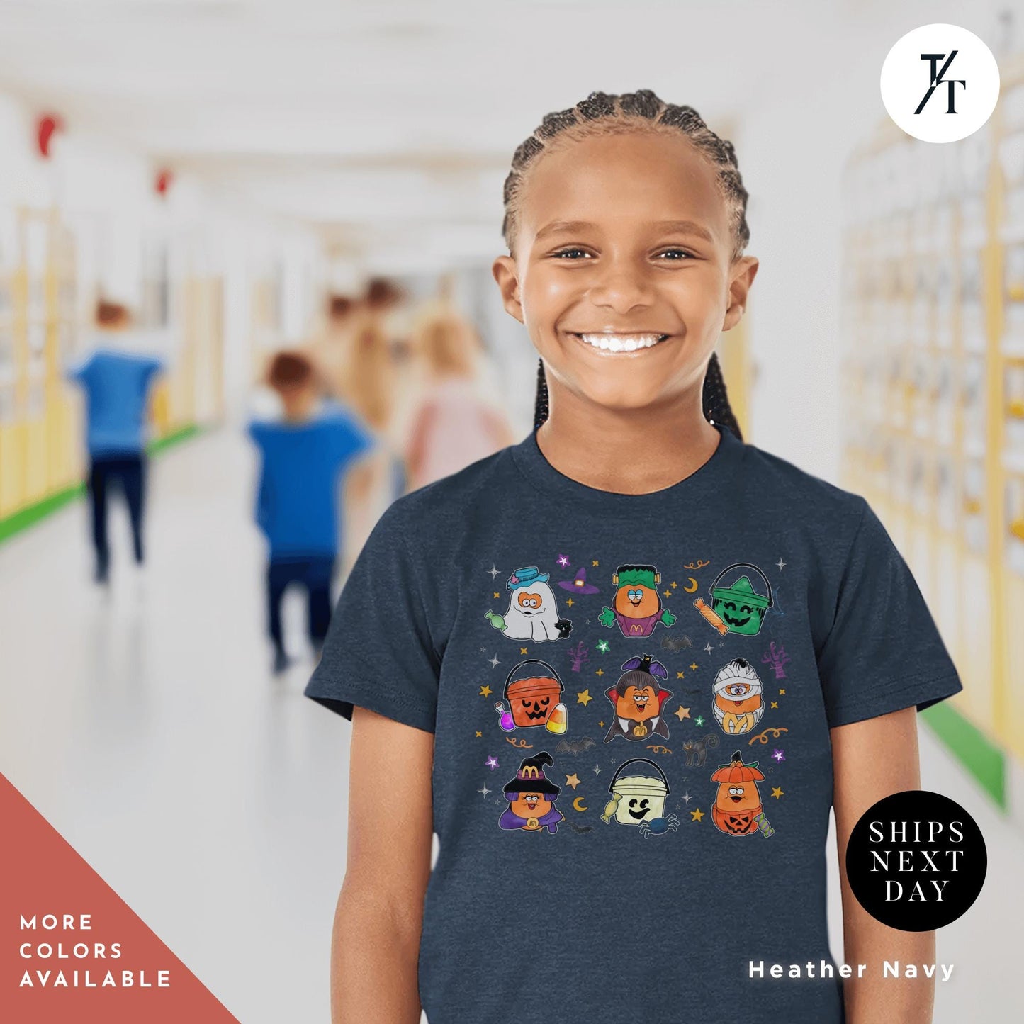 a young girl wearing a t - shirt with halloween characters on it Cute halloween shirts for kids, Chicken Nugget Shirt Kids Halloween Shirt, Trendy Retro Boho Funny Vintage Nugget Lover Boys and Girls Tee