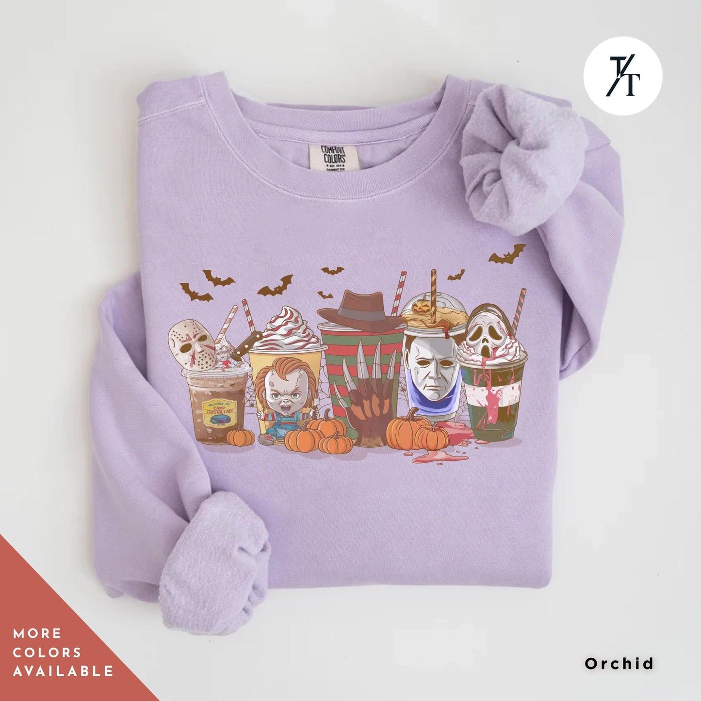 a orchid sweatshirt with a picture of a group of halloween horror characters on coffee drinks on it, Skeleton Coffee Cups Sweatshirt, Coffee Cups Sweatshirt, Skull Coffee Cup Sweatshirt, Skeleton Halloween Sweatshirt, Coffee Lover Sweatshirt