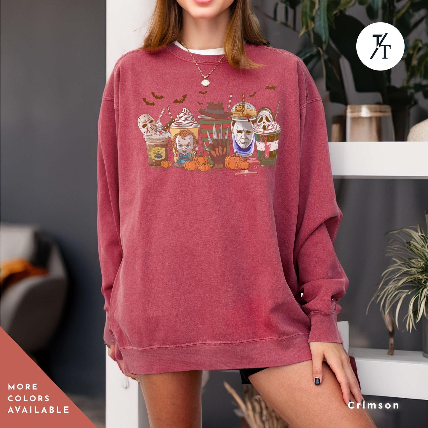 a woman wearing a red sweatshirt with a picture of group of halloween horror characters on coffee drinks on it, Skeleton Coffee Cups Sweatshirt, Coffee Cups Sweatshirt, Skull Coffee Cup Sweatshirt, Skeleton Halloween Sweatshirt,