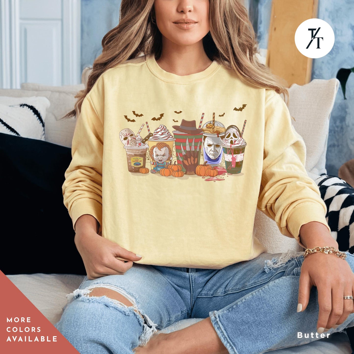 a woman wearing a yellow sweatshirt with a picture of group of halloween horror characters on coffee drinks on it, Skeleton Coffee Cups Sweatshirt, Coffee Cups Sweatshirt, Skull Coffee Cup Sweatshirt, Skeleton Halloween Sweatshirt,