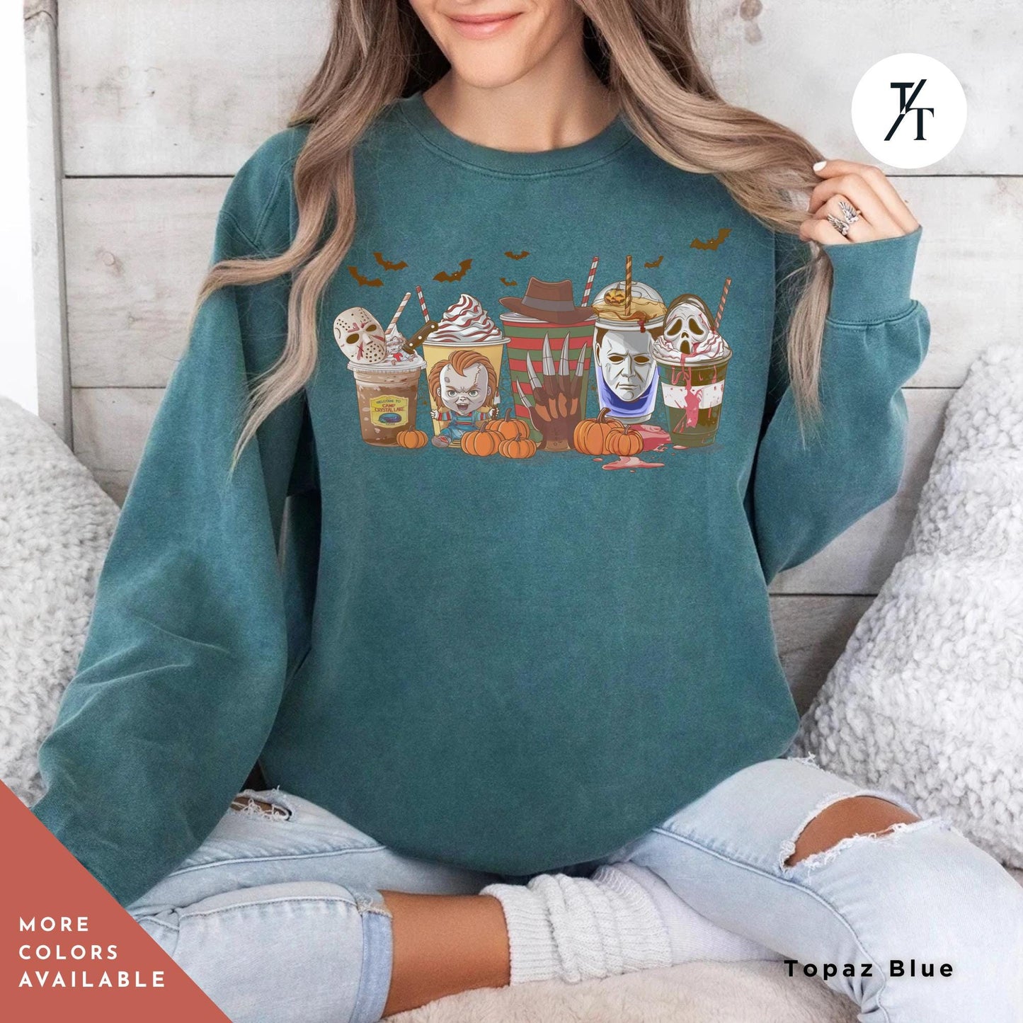 a woman wearing a green sweatshirt with a picture of group of halloween horror characters on coffee drinks on it, Skeleton Coffee Cups Sweatshirt, Coffee Cups Sweatshirt, Skull Coffee Cup Sweatshirt, Skeleton Halloween Sweatshirt,