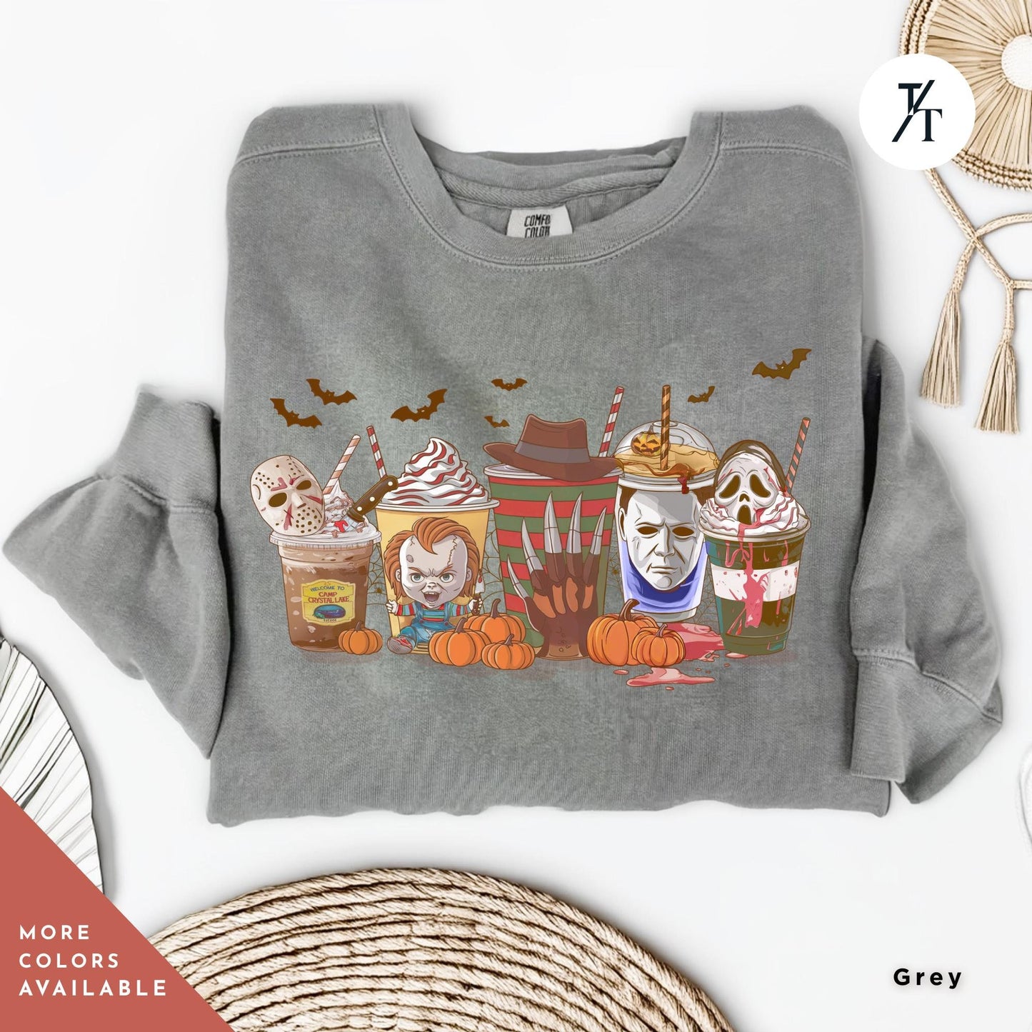 a grey sweatshirt with a picture of a group of halloween horror characters on coffee drinks on it, Skeleton Coffee Cups Sweatshirt, Coffee Cups Sweatshirt, Skull Coffee Cup Sweatshirt, Skeleton Halloween Sweatshirt, Coffee Lover Sweatshirt
