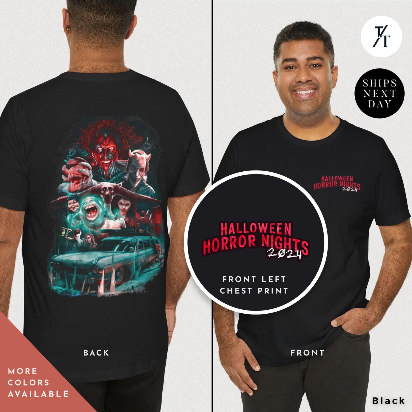 a man wearing a black t - shirt with a picture of a group of people, Halloween Horror Nights 2024 T-Shirt, Horror Nights Shirt 2024, Universal Studios HHN Vintage Halloween Gift Universal Orlando Michael Myers