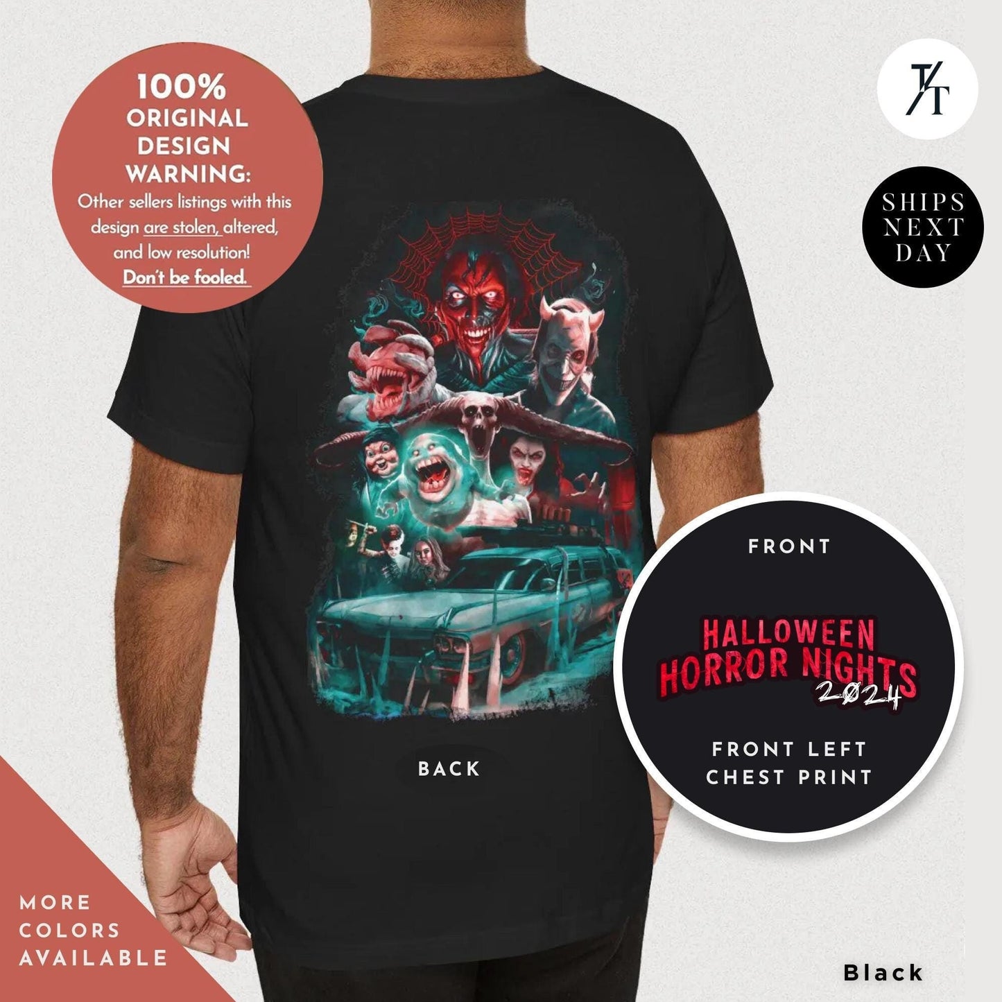a man wearing a black t - shirt with a picture of a group of people, Halloween Horror Nights 2024 T-Shirt, Horror Nights Shirt 2024, Universal Studios HHN Vintage Halloween Gift Universal Orlando Michael Myers