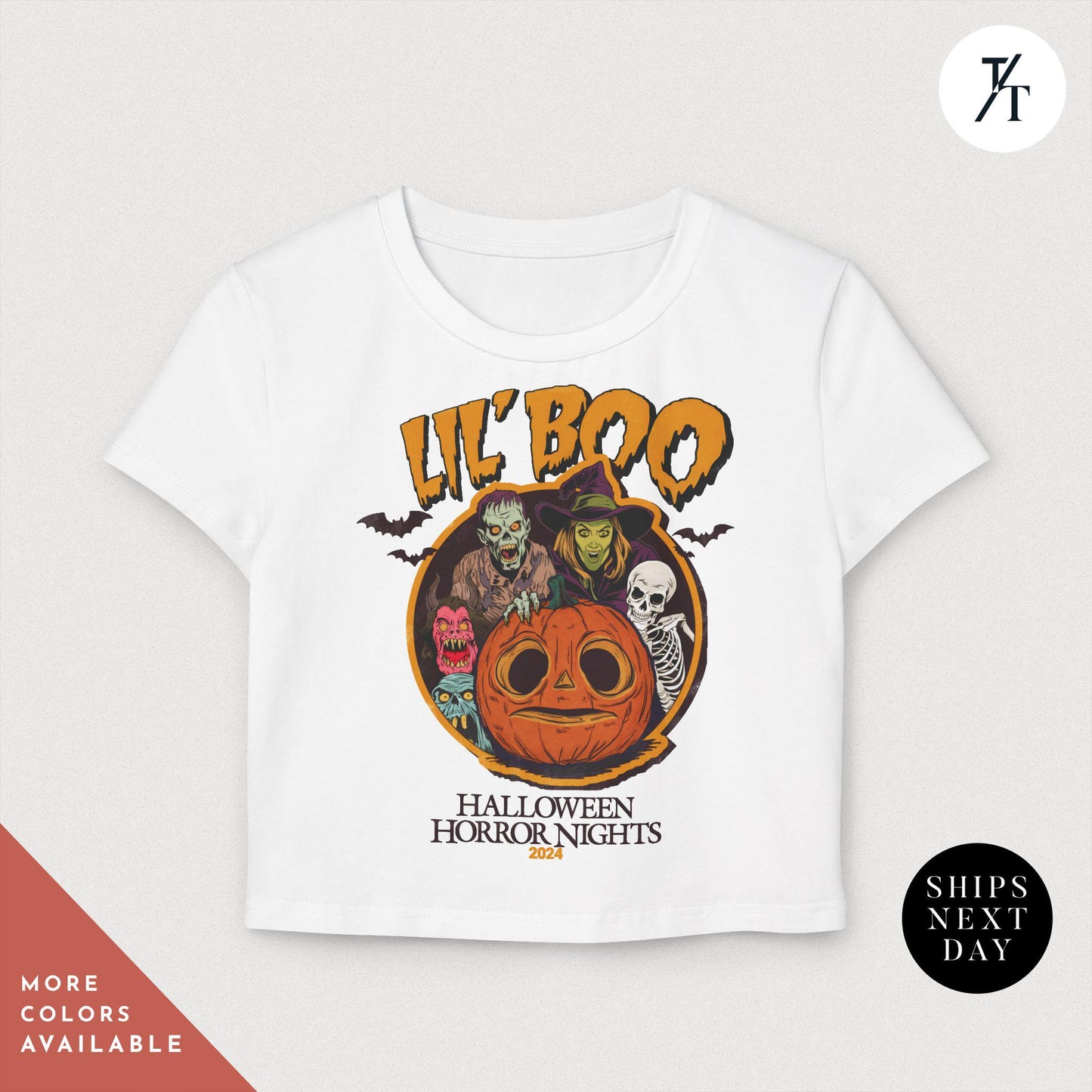 a white t - shirt with an image of a pumpkin and a skeleton on it, Halloween Horror Nights Crop Top Lil Boo HHN rib baby tee, HHN Crop Top, 2024 horror nights Baby Tee, hhn Halloween, Universal Orlando tee