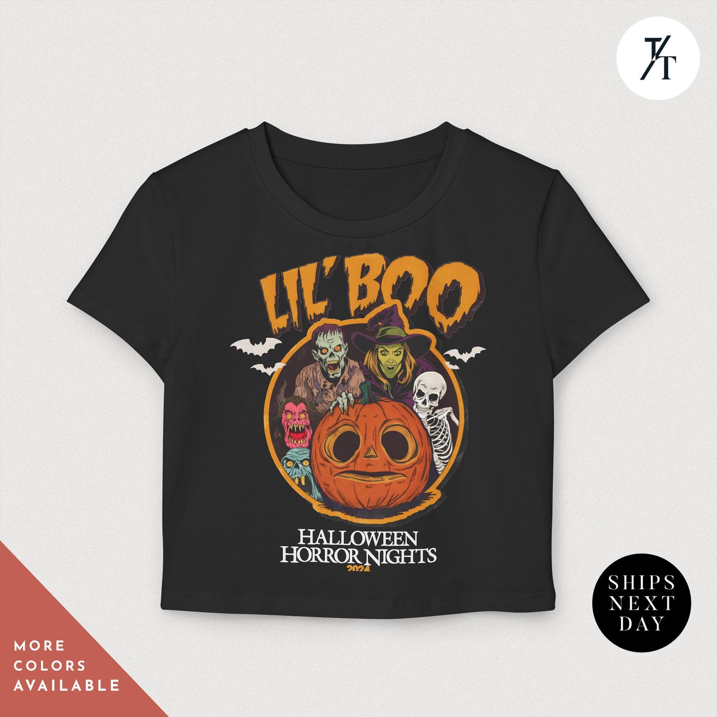 a black t - shirt with an image of a pumpkin and a skeleton on it, Halloween Horror Nights Crop Top Lil Boo HHN rib baby tee, HHN Crop Top, 2024 horror nights Baby Tee, hhn Halloween, Universal Orlando tee