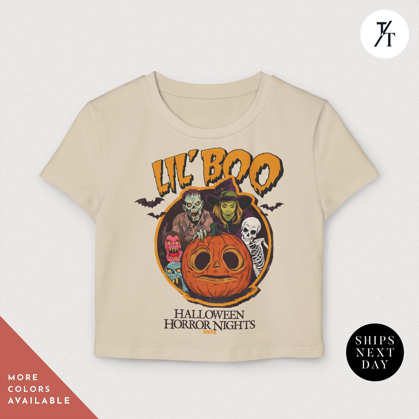 a t - shirt with a picture of a pumpkin on it, Halloween Horror Nights Crop Top Lil Boo HHN rib baby tee, HHN Crop Top, 2024 horror nights Baby Tee, hhn Halloween, Universal Orlando tee