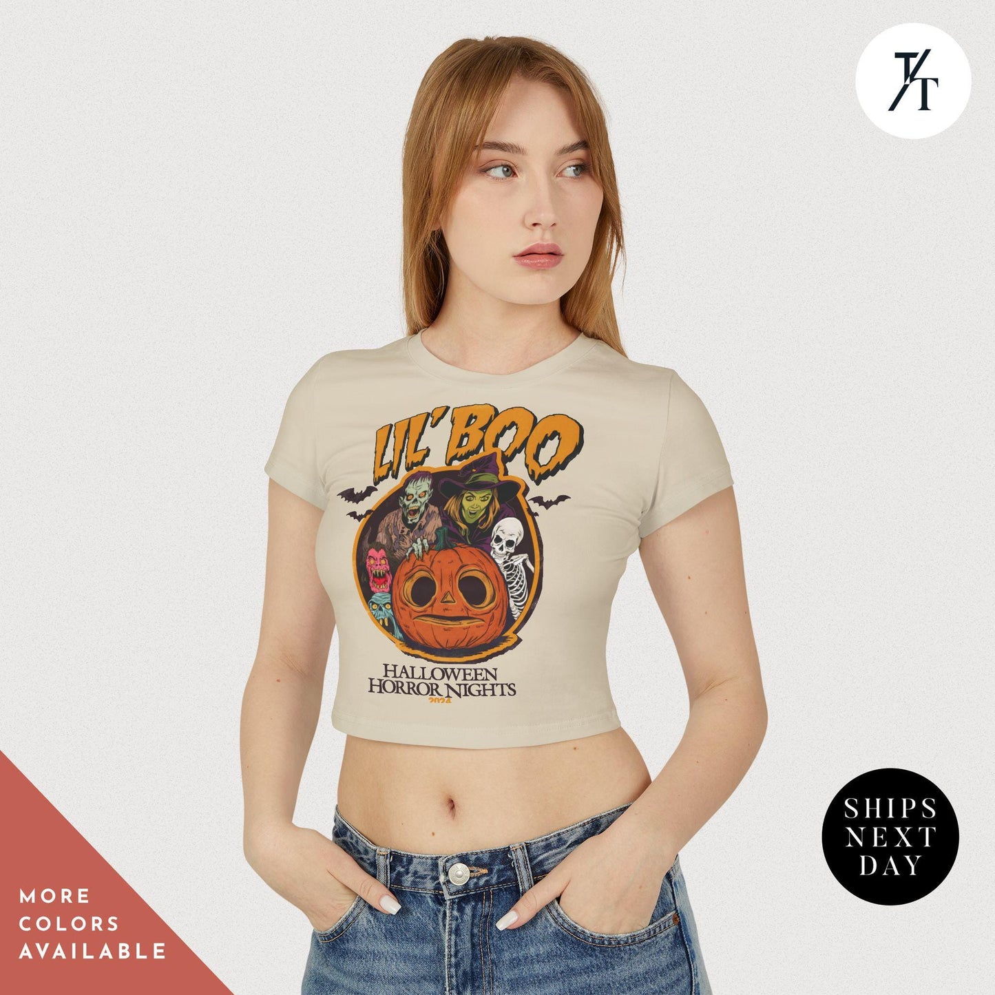 a woman wearing a crop top with a pumpkin on it, Halloween Horror Nights Crop Top Lil Boo HHN rib baby tee, HHN Crop Top, 2024 horror nights Baby Tee, hhn Halloween, Universal Orlando tee