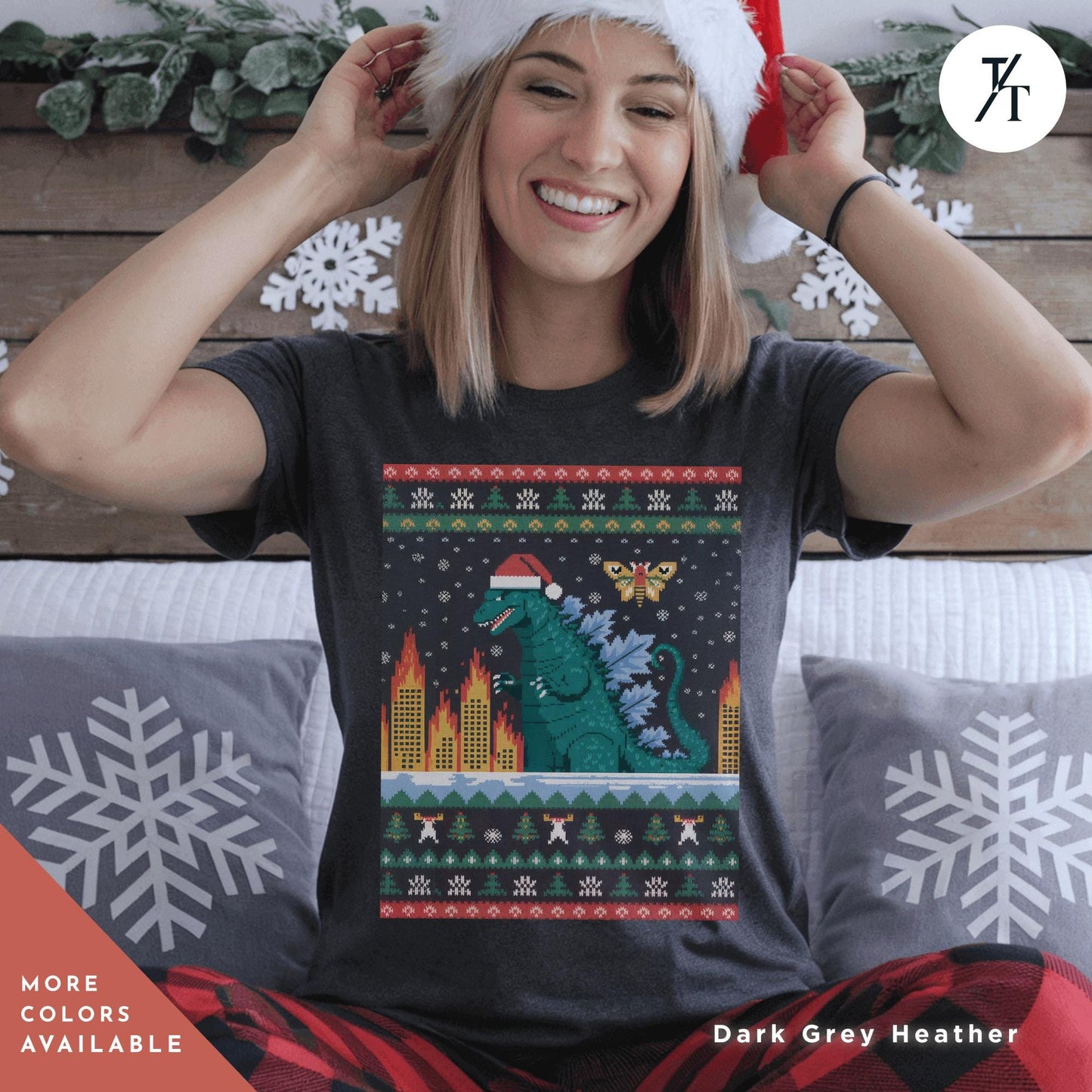 a woman sitting on a bed wearing a Godzilla christmas shirt, Funny Ugly Godzilla Christmas T-Shirt Men, Gift For Him, Holiday Party tShirt, King Of The Monsters Gifts For Dad