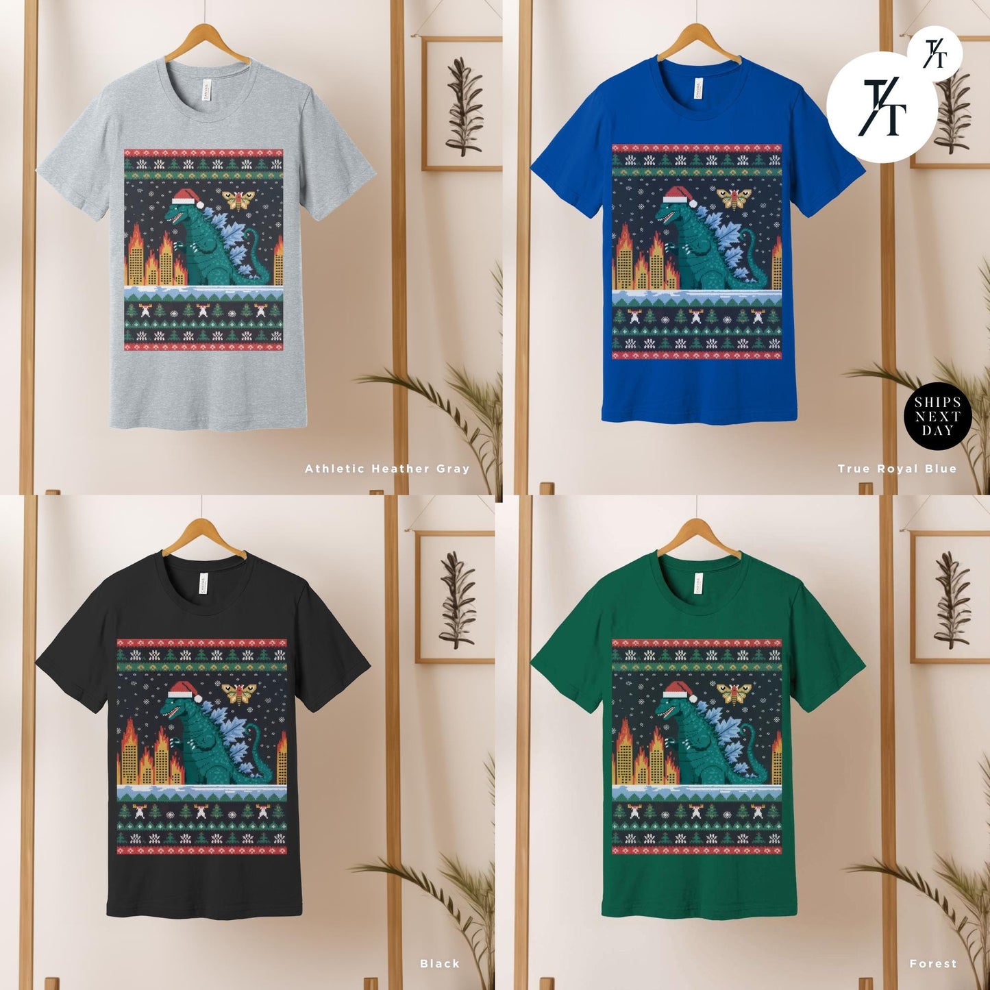 a group of four t - shirts hanging on a wall, Godzilla christmas shirt, Funny Ugly Godzilla Christmas T-Shirt Men, Gift For Him, Holiday Party tShirt, King Of The Monsters Gifts For Dad