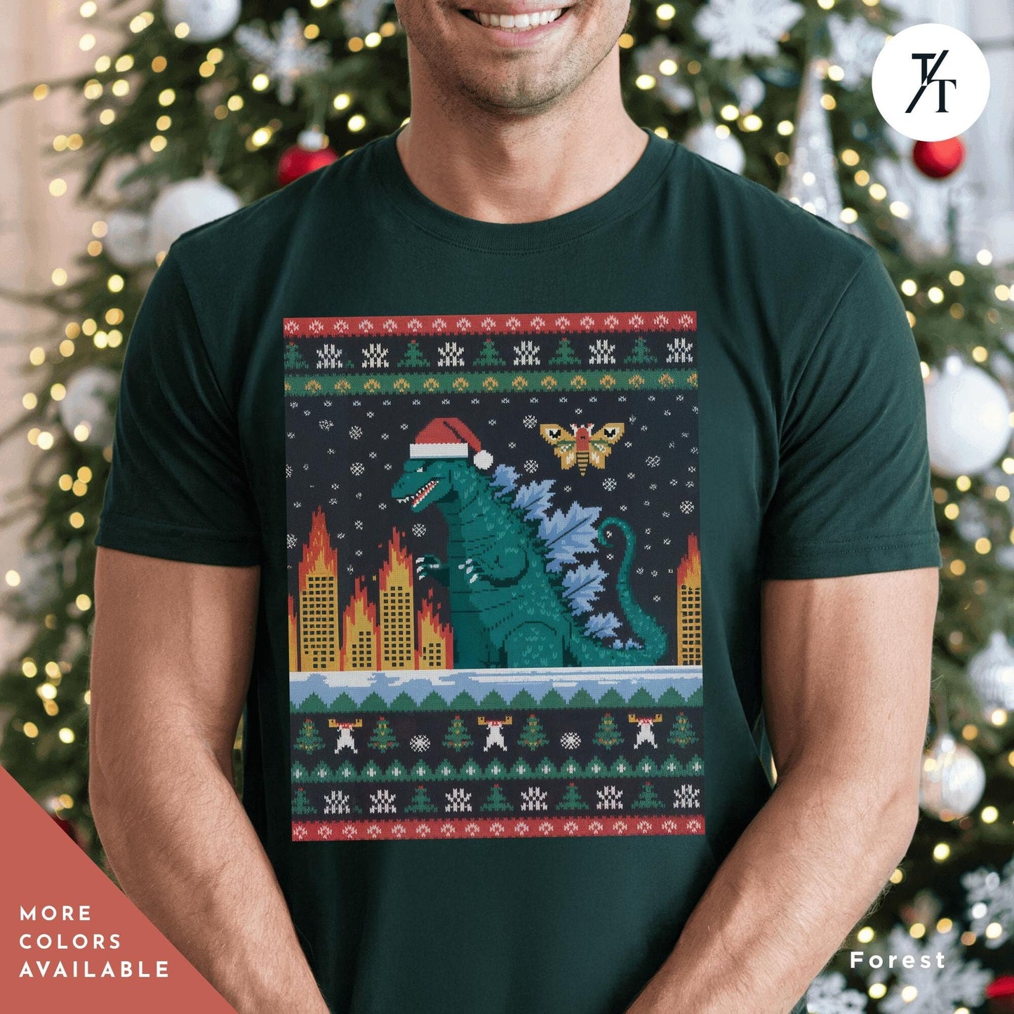a man wearing an Godzilla christmas shirt, Funny Ugly Godzilla Christmas T-Shirt Men, Gift For Him, Holiday Party tShirt, King Of The Monsters Gifts For Dad