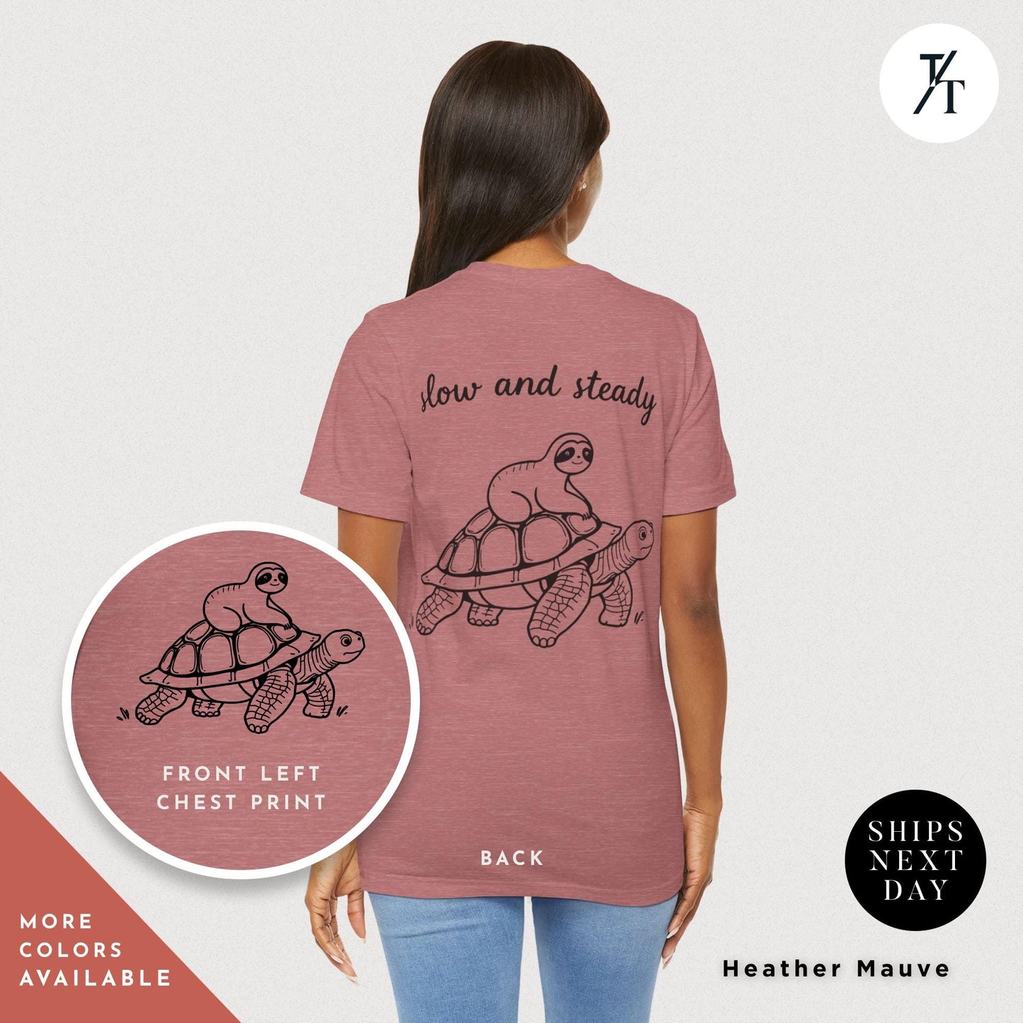 a woman wearing a pink t - shirt with a picture of a sloth riding a turtle on it, Sloth Riding Turtle Shirt, Sloth Lover Gift, Vintage Retro Shirt Running Shirt, Funny Animal Lover Tee, Slow and Steady Cute Tortoise Shirt