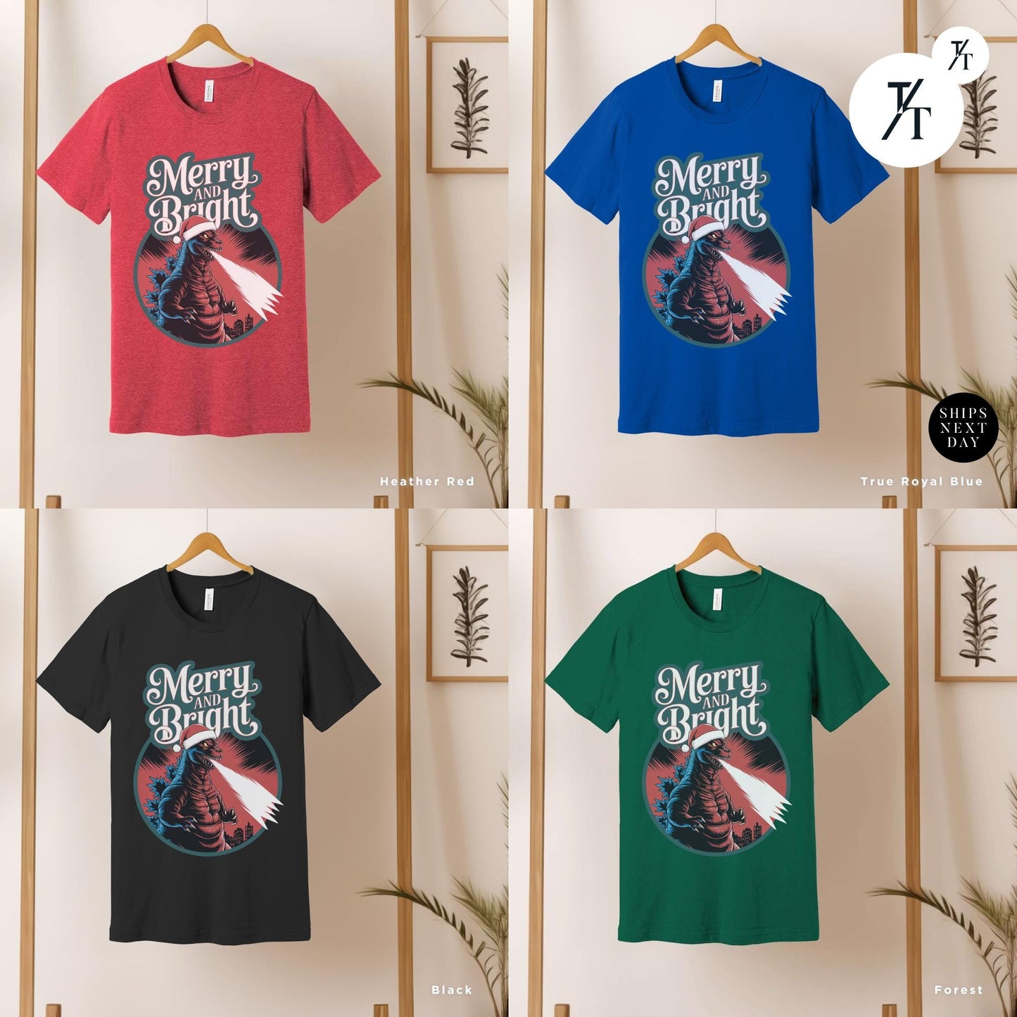 four t - shirts of different colors and designs on a rack, Godzilla christmas shirt, Gift For Him, Funny Christmas T-Shirt Men, Ugly Godzilla Holiday Party tShirt, King Of The Monsters Gifts For Dad