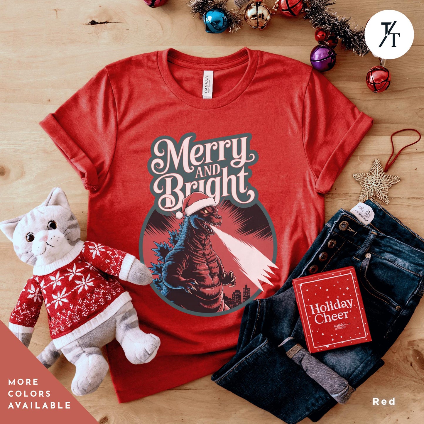 a red t - shirt with a picture of a godzilla on it, Godzilla christmas shirt, Gift For Him, Funny Christmas T-Shirt Men, Ugly Godzilla Holiday Party tShirt, King Of The Monsters Gifts For Dad